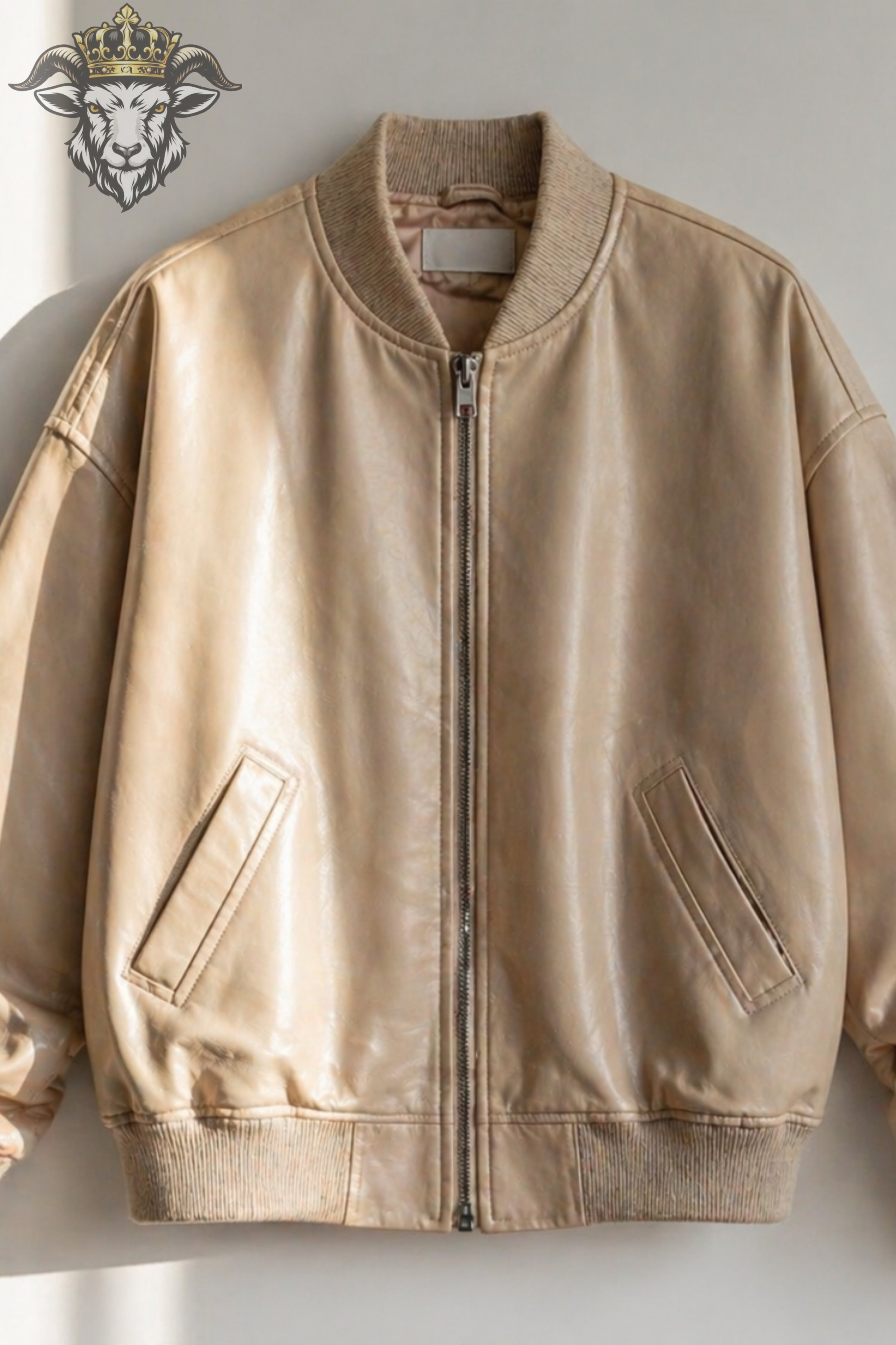 Women’s Beige Oversize Real Leather Bomber Jacket