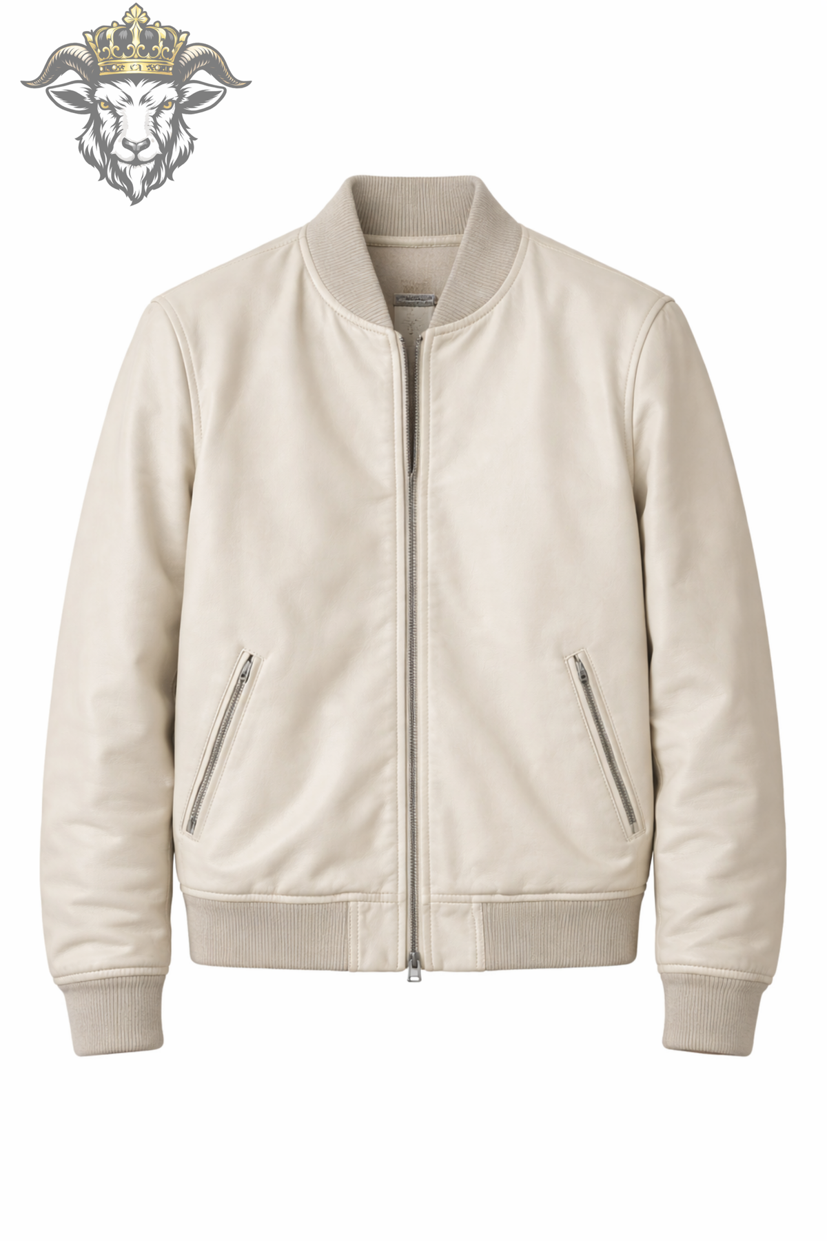Men's Cream Real Leather Bomber Jacket, Ribbed Collar Zip-Up Jacket, Minimalist Beige Streetwear Outerwear, Casual Moto Jacket