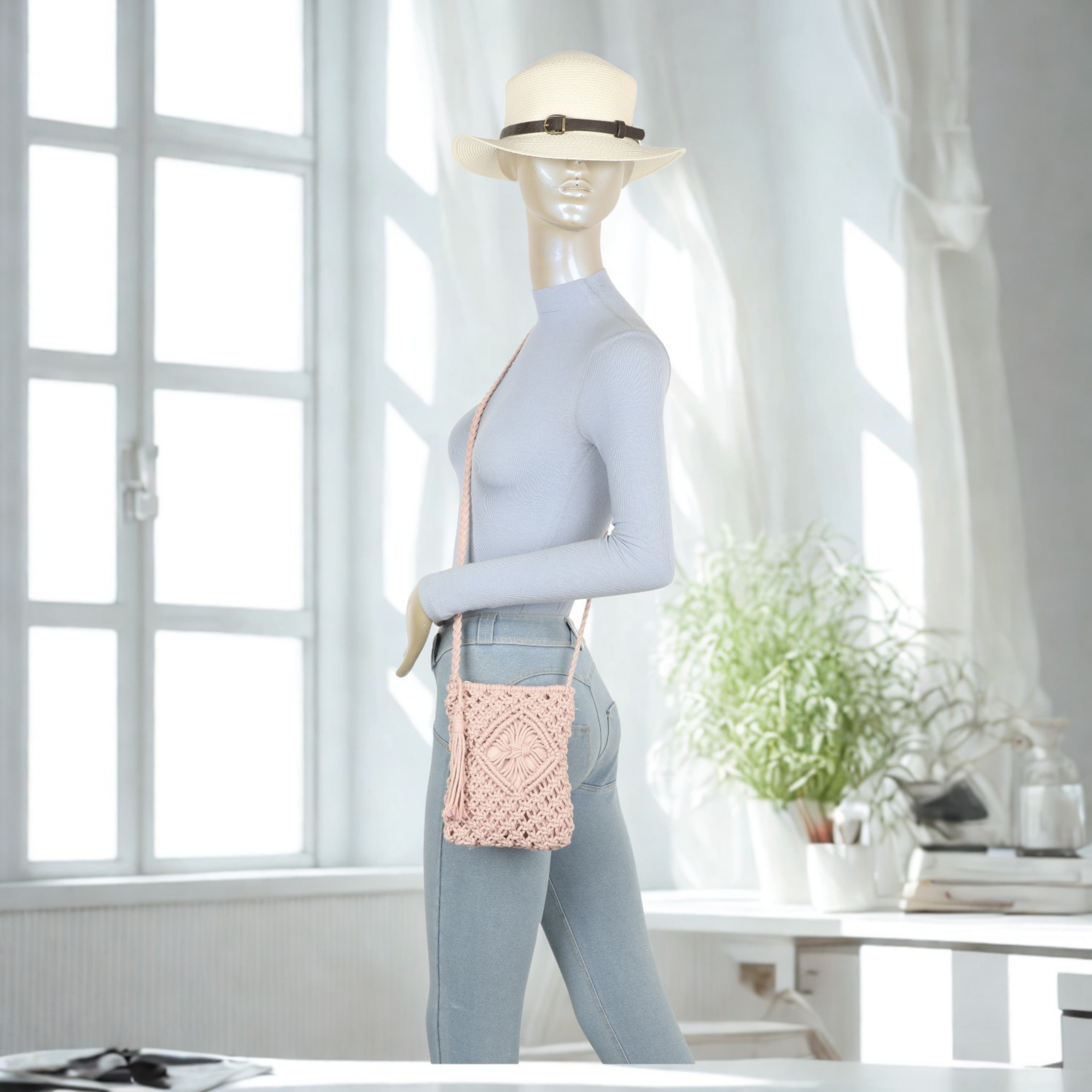 Women’s Crochet Crossbody Bag – Knitted Synthetic Shoulder Bag with Zip Closure