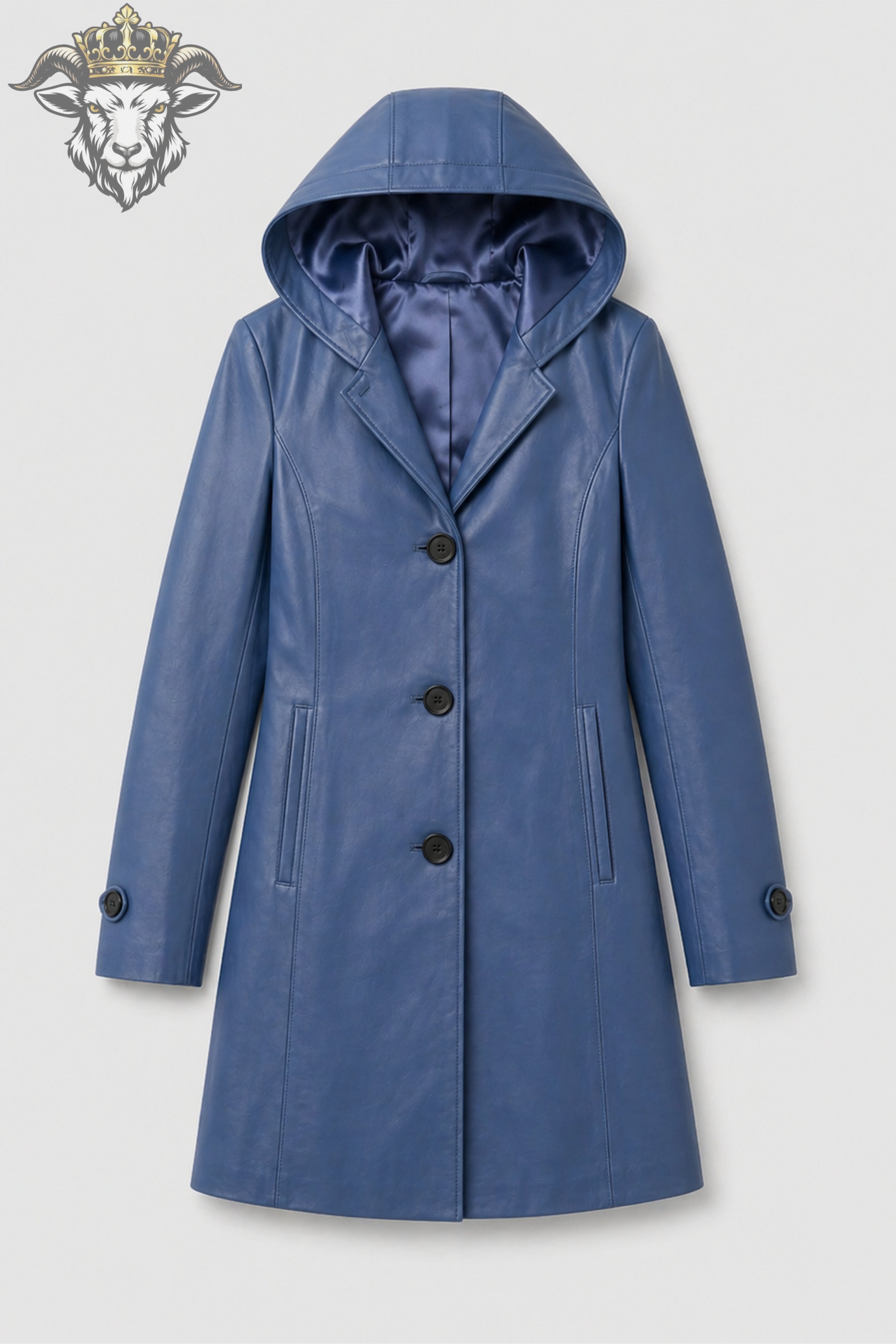 Women’s Blue Real Leather Hooded Coat