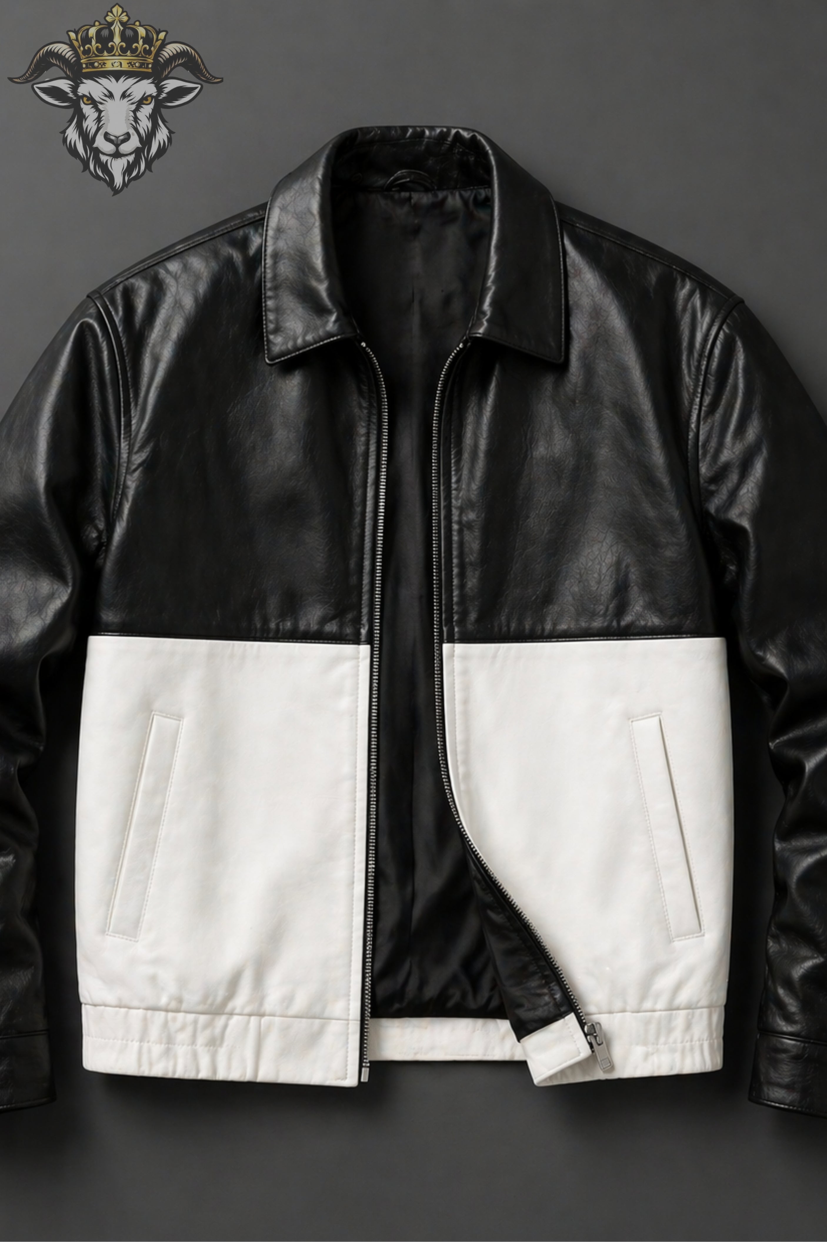 Men’s Two-Tone(Black/White) Oversize Real Leather Bomber Jacket