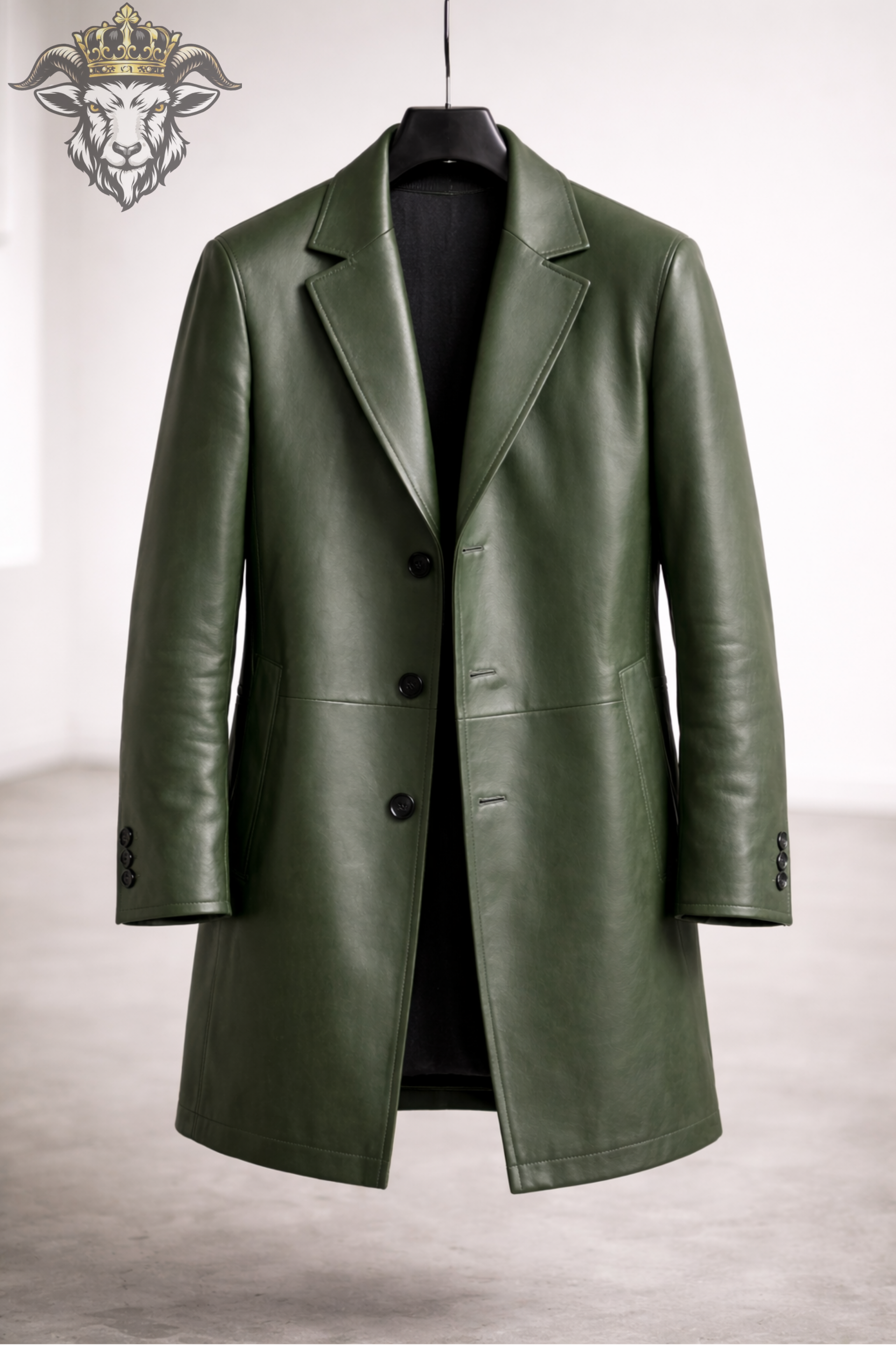 Men’s Green Real Leather Coat – Mid-Thigh Premium Matte Finish Overcoat | Slim Fit Modern Leather Jacket for Men