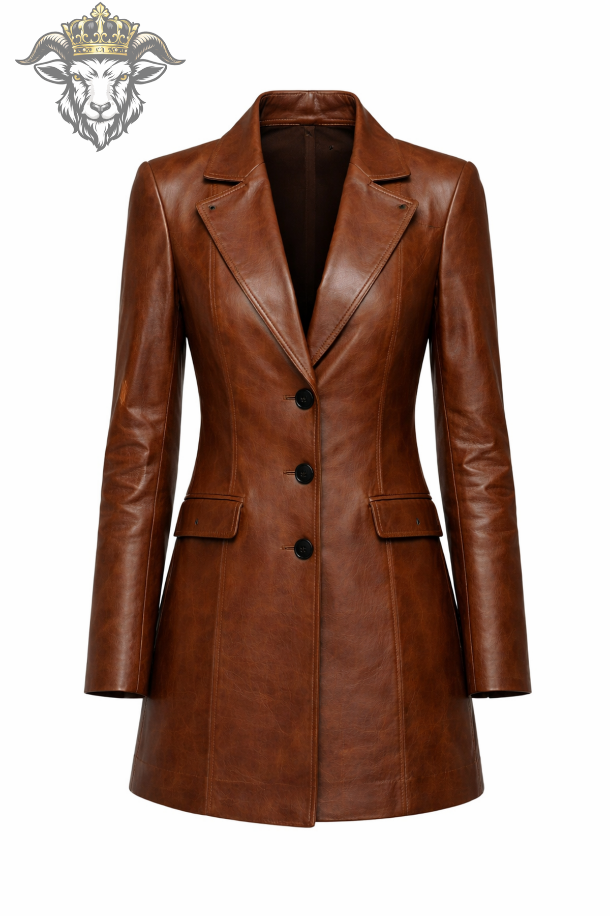 Women's Brown Leather Coat, Tailored Mid-Thigh Jacket, Double-Breasted Style Outerwear, Notched Lapel Coat, Elegant Fall Winter Jacket