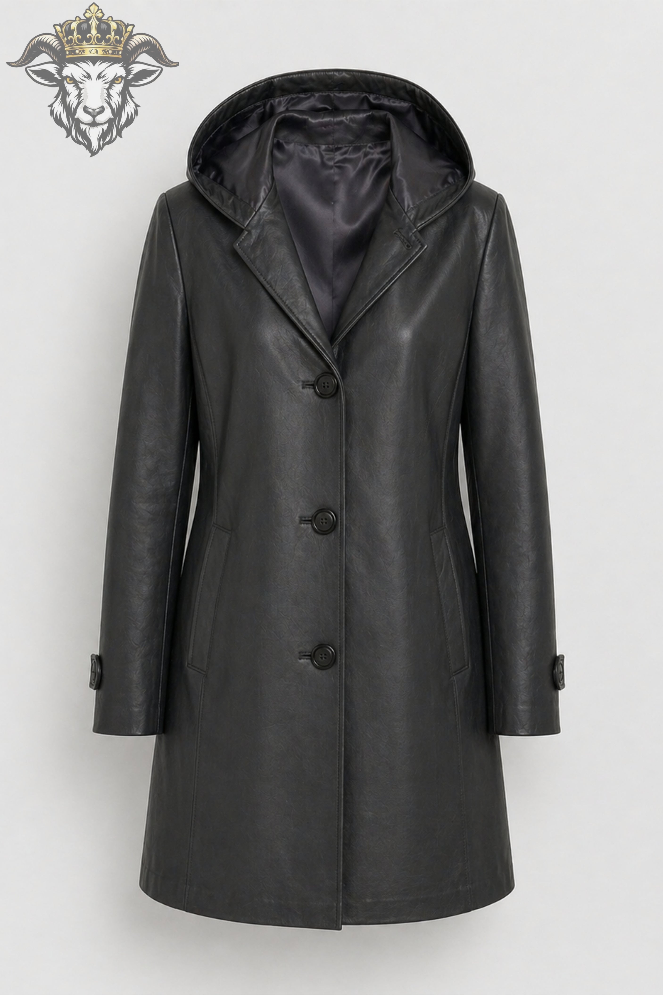 Women’s Charcoal Real Leather Hooded Coat