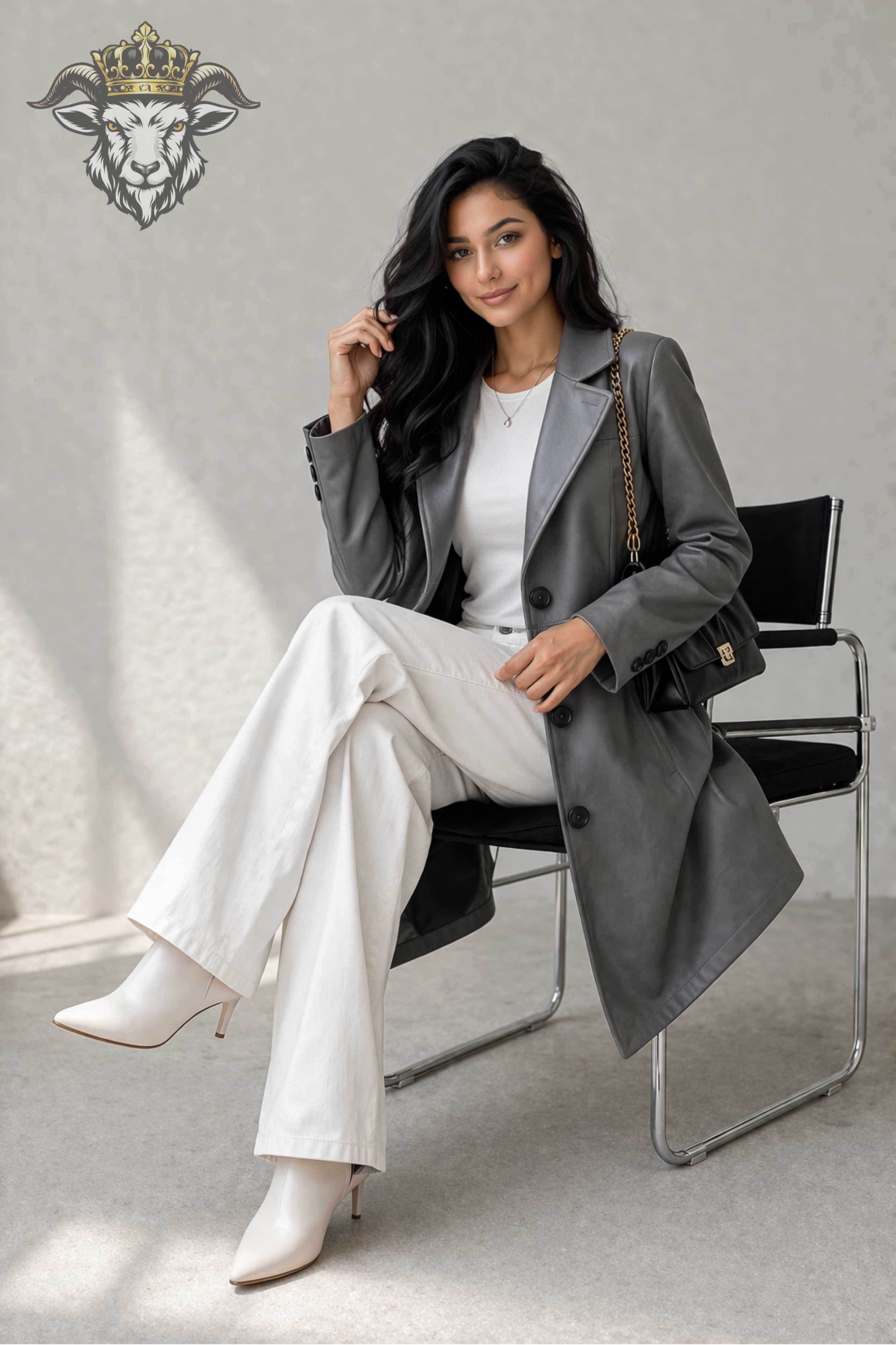 Women’s Grey Real Leather Knee-Length Coat