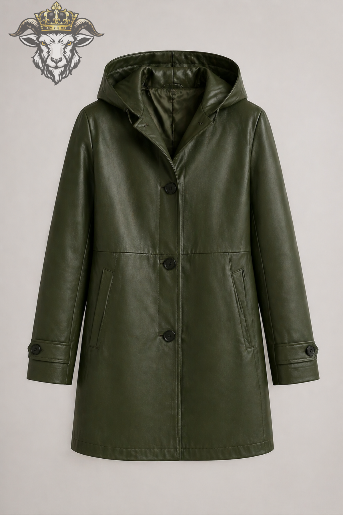 Olive Green Leather Hooded Coat for Women, Tailored Mid-Thigh Jacket, Button Front Winter Outerwear, Elegant Minimalist Leather Coat