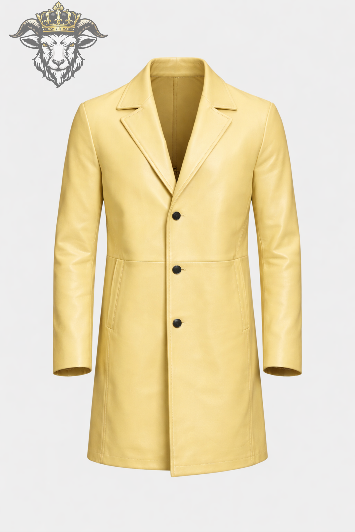 Men's Light Yellow Real Leather Coat, Slim Fit Leather Trench Jacket, Mid-Thigh Lapel Overcoat, Minimalist Luxury Menswear