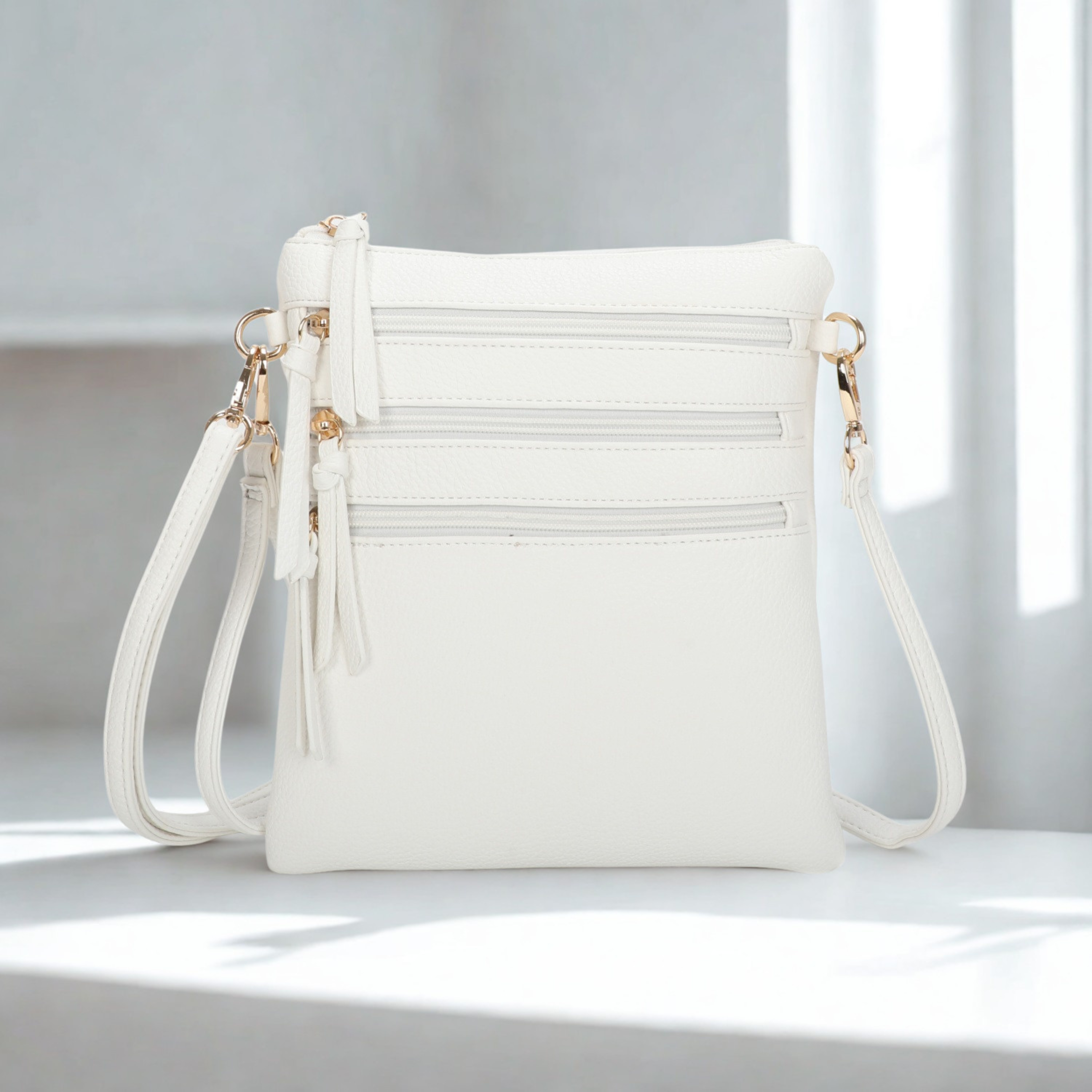 Women’s Multi Zip Crossbody Bag – Slim Synthetic Shoulder Bag with Adjustable Strap