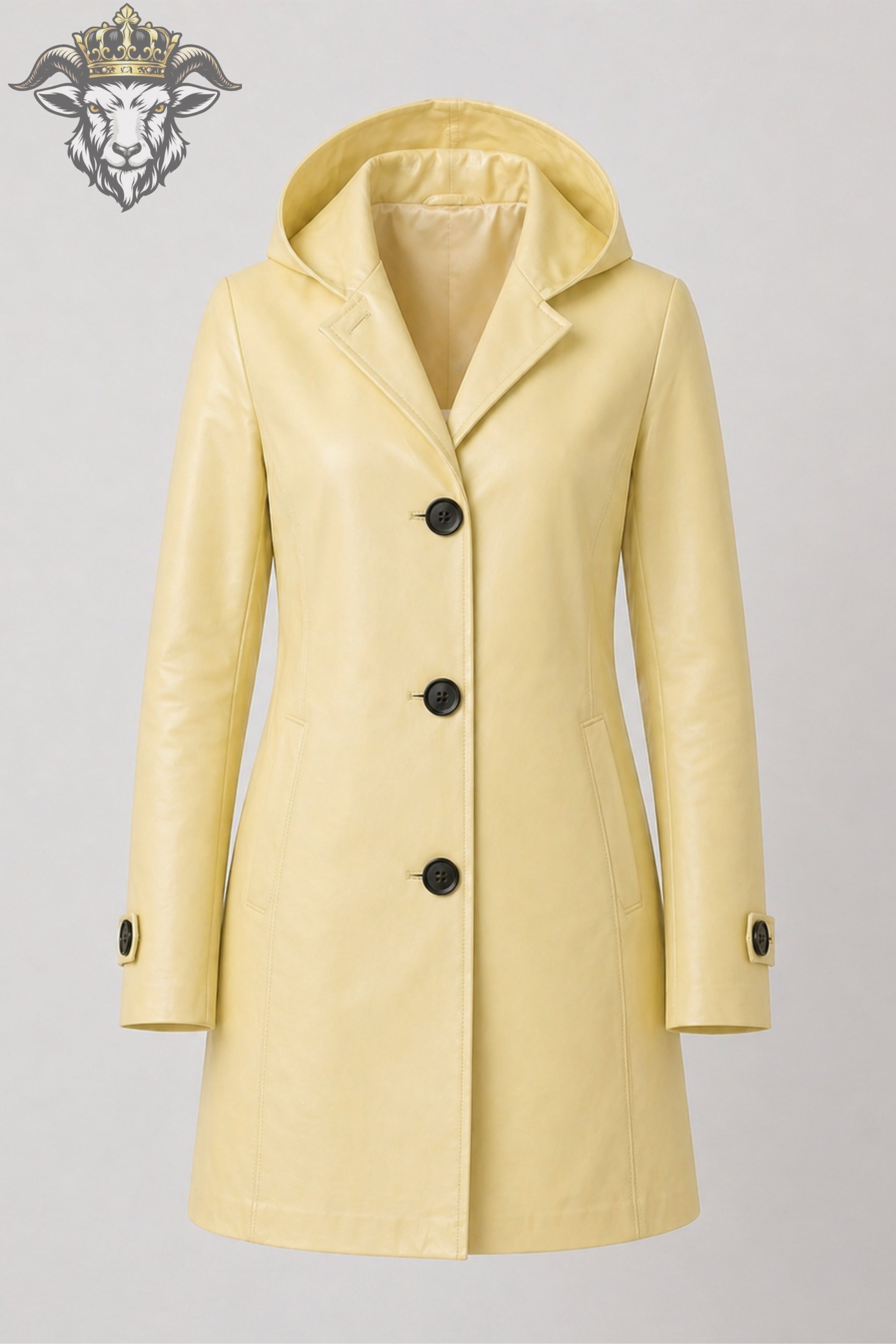Women’s Pale Yellow Real Leather Hooded Coat