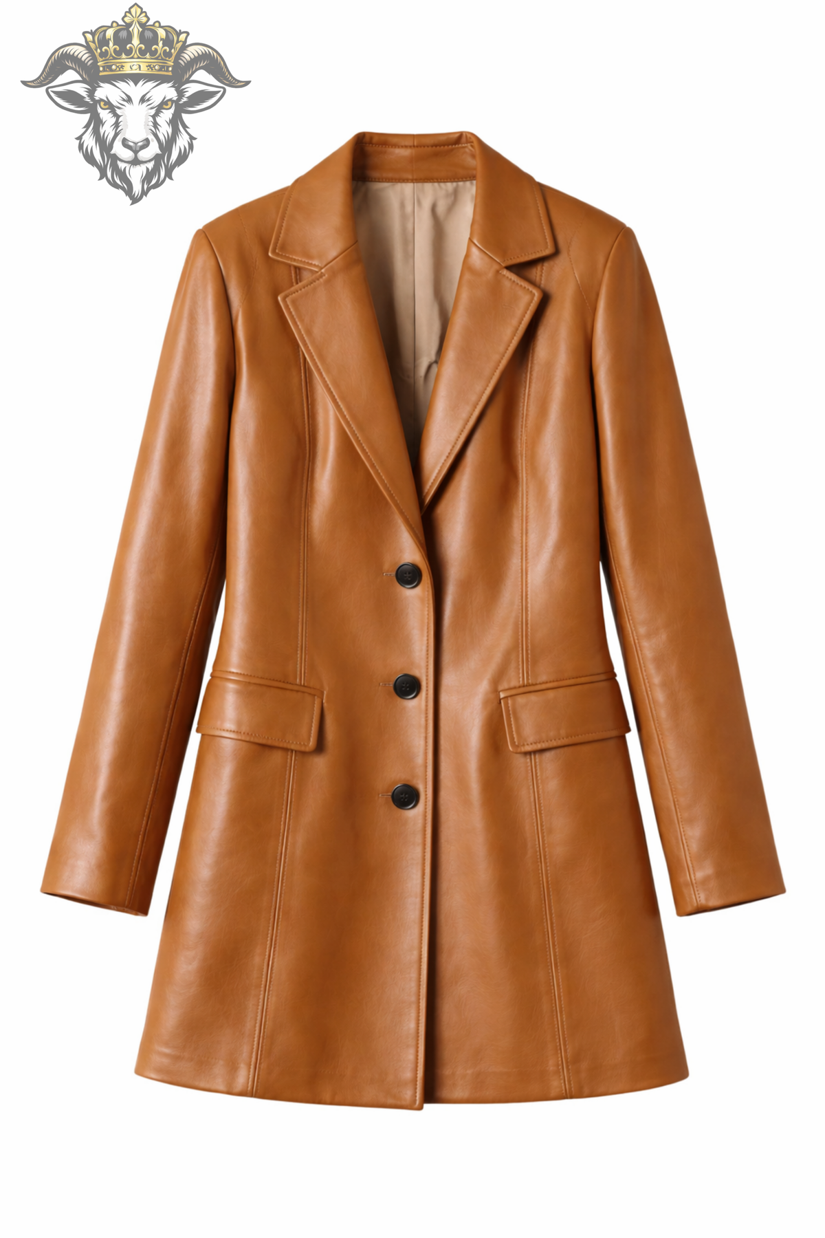 Women's Tan Leather Coat, Mid Thigh Leather Blazer Jacket, Tailored Long Coat, Classic Lapel Outerwear, Elegant Fall Winter Jacket