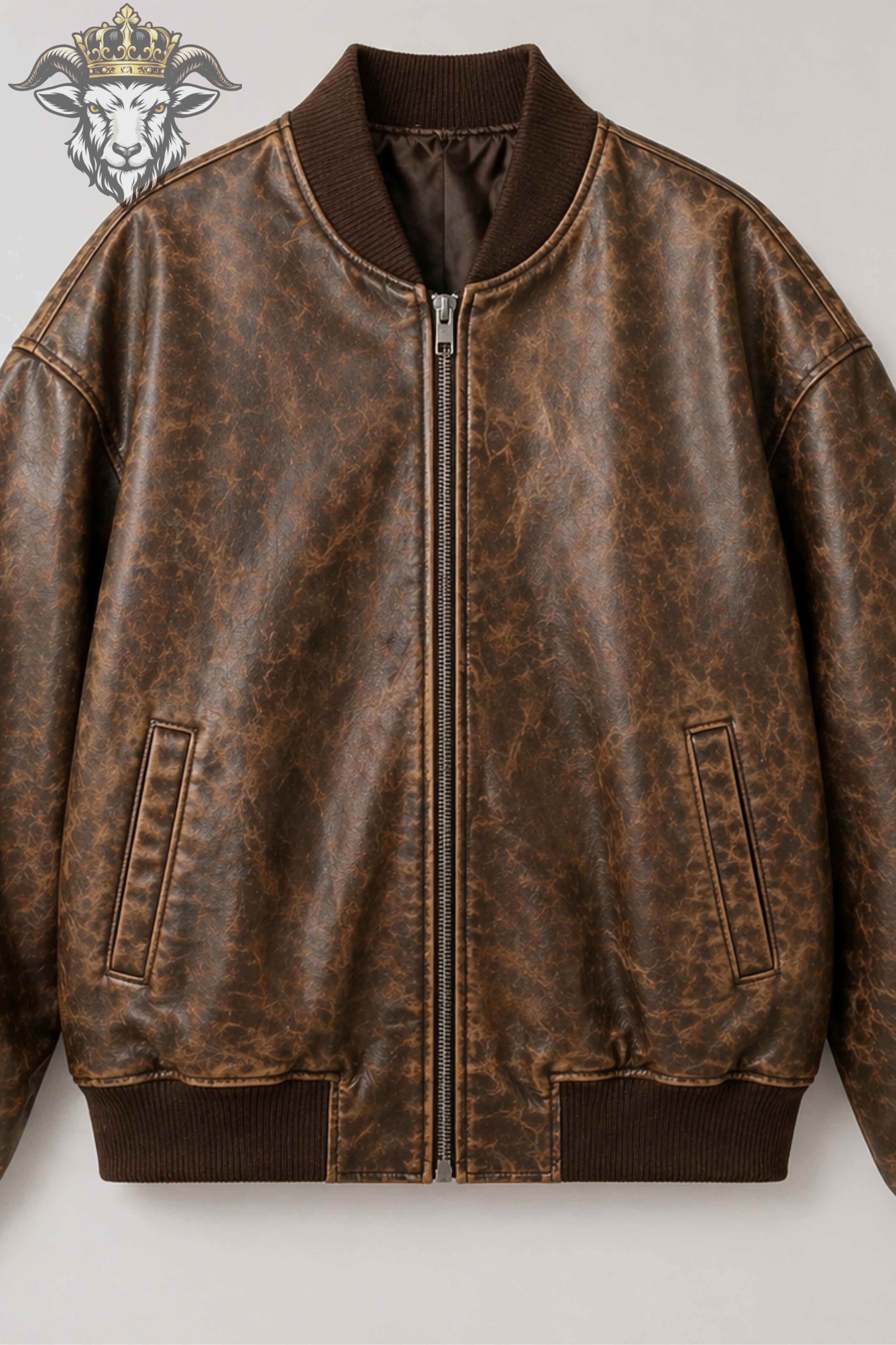 Women’s Distressed Brown Oversize Real Leather Bomber Jacket