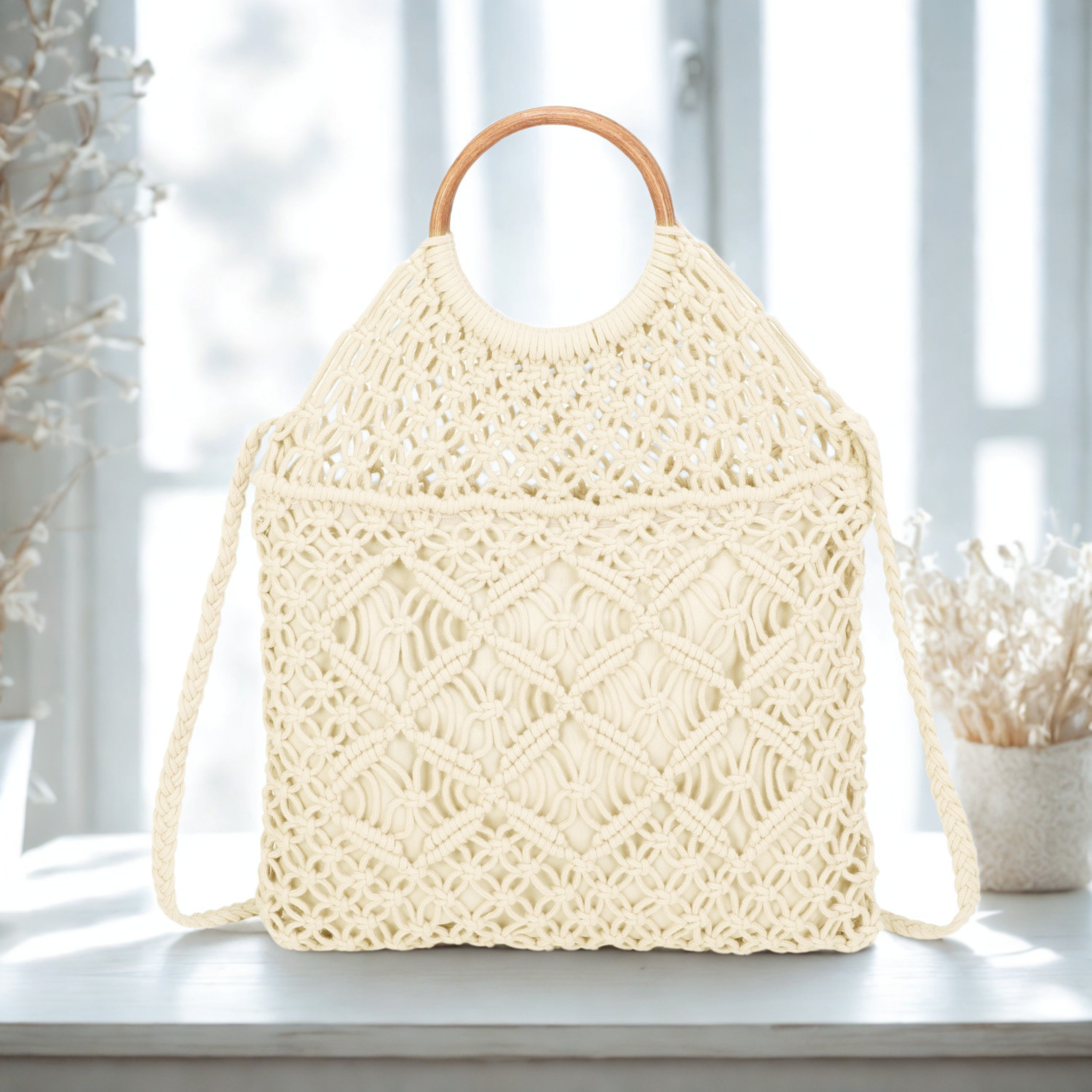 Boho Crochet Handbag with Circle Wooden Handles – Knitted Macramé Shoulder Bag for Women