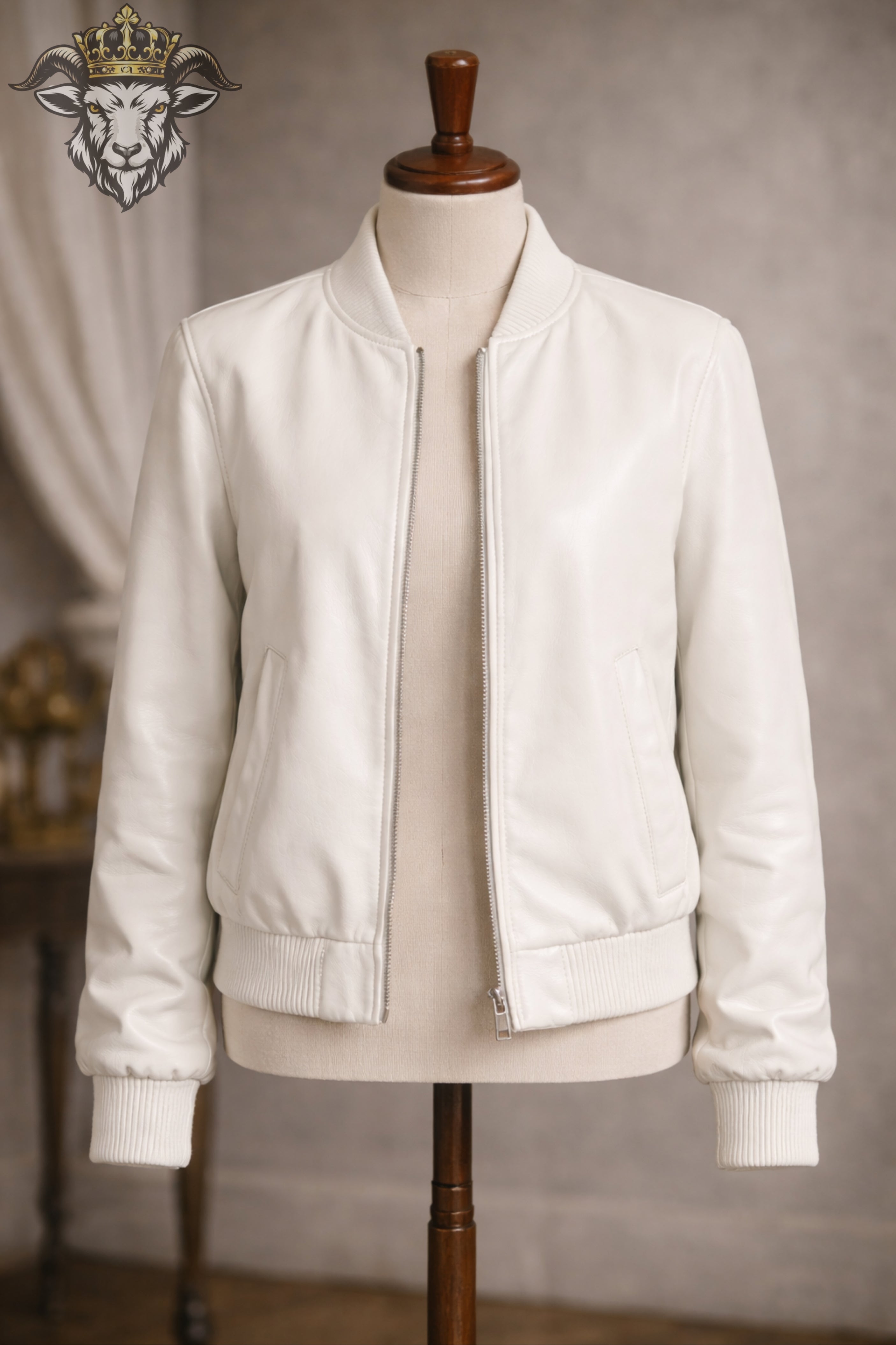 Women’s White Leather Bomber Jacket