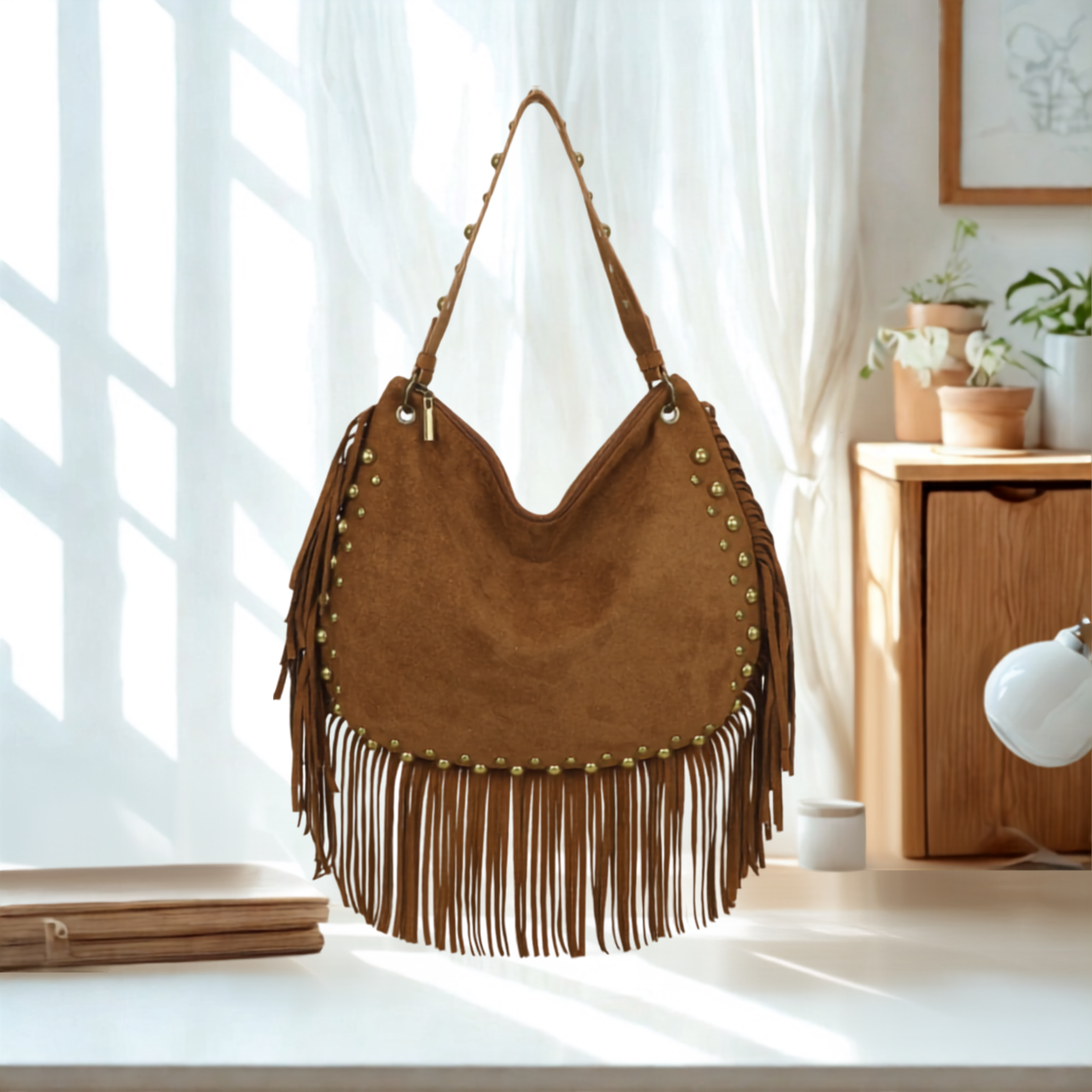 Women’s Suede Effect Studded Tassel Hobo Shoulder Bag – Boho Fringe Handbag with Top Zip Closuret