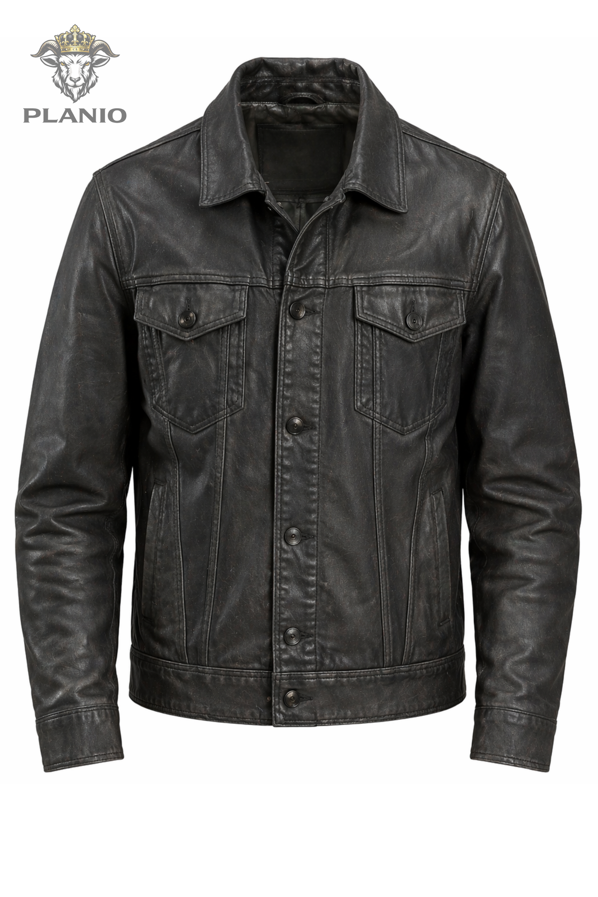 Men's Charcoal Leather Trucker Jacket – Premium Real Leather Button-Up Jacket with Chest Pockets