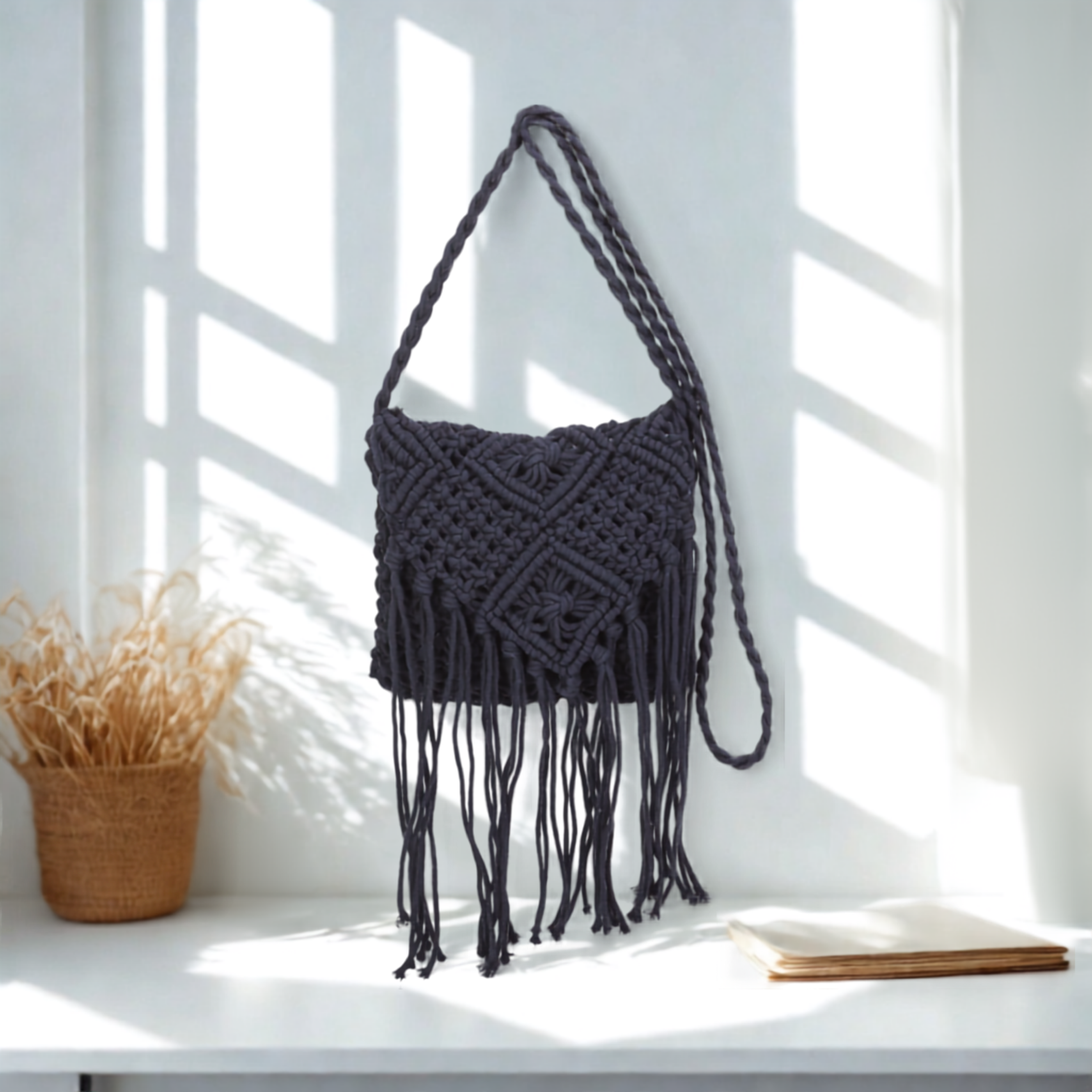 Women’s Knitted Crochet Shoulder Bag – Synthetic Top Zip Flap Crossbody Bag with Long Strap