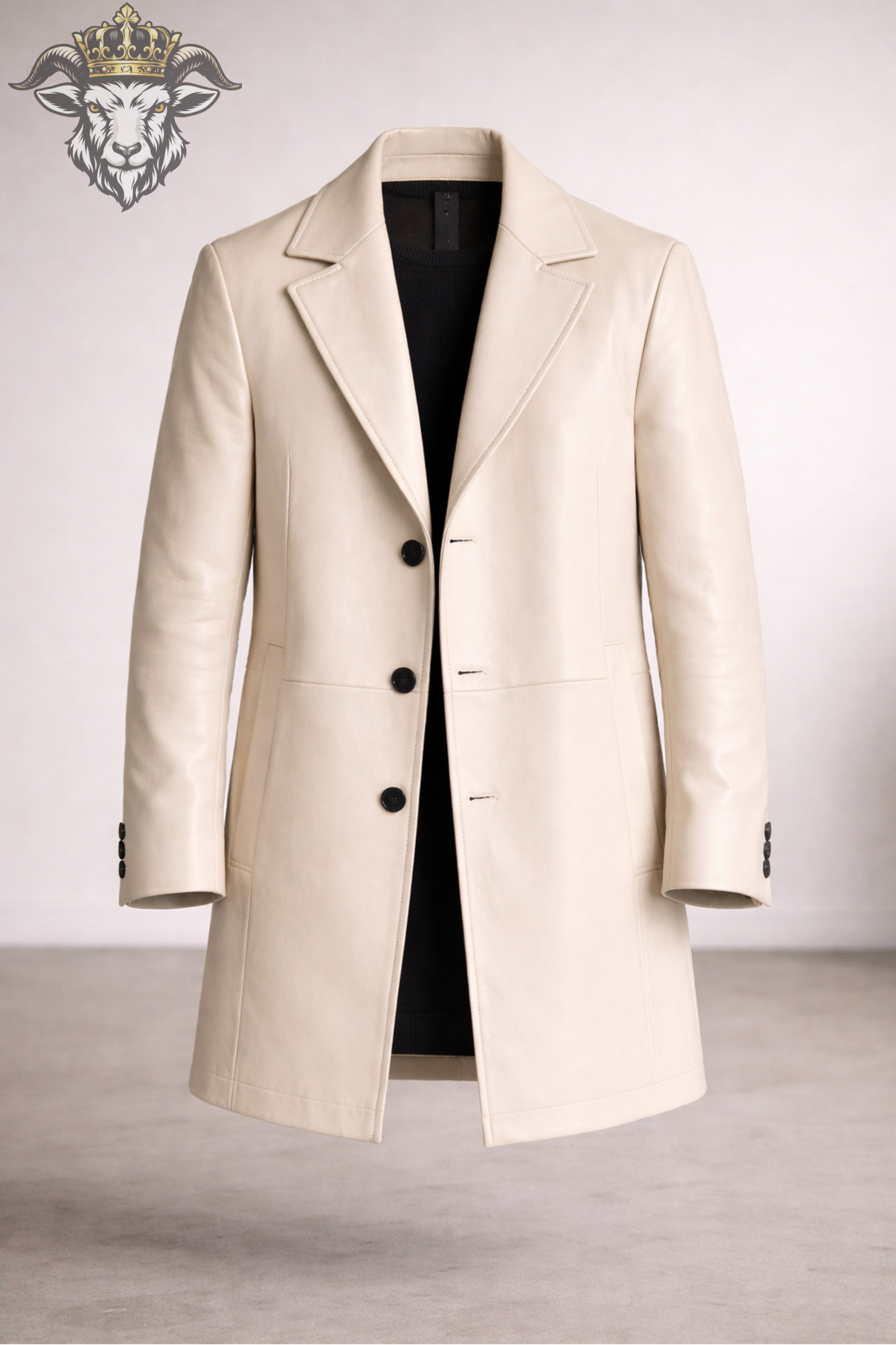 Men’s Cream Real Leather Coat – Mid-Thigh Length Premium Tailored Jacket | Matte Finish, Modern Slim Fit Winter Overcoat