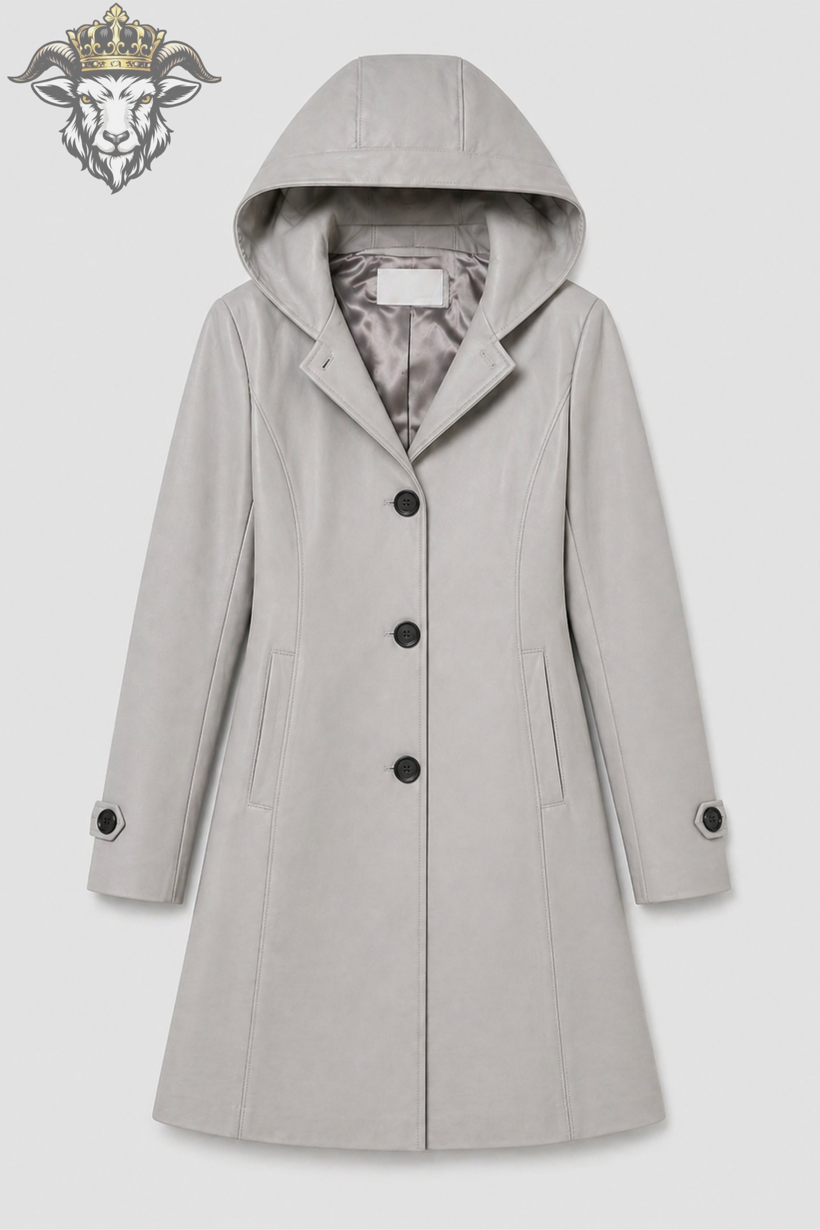 Women’s Light Grey Real Leather Hooded Coat