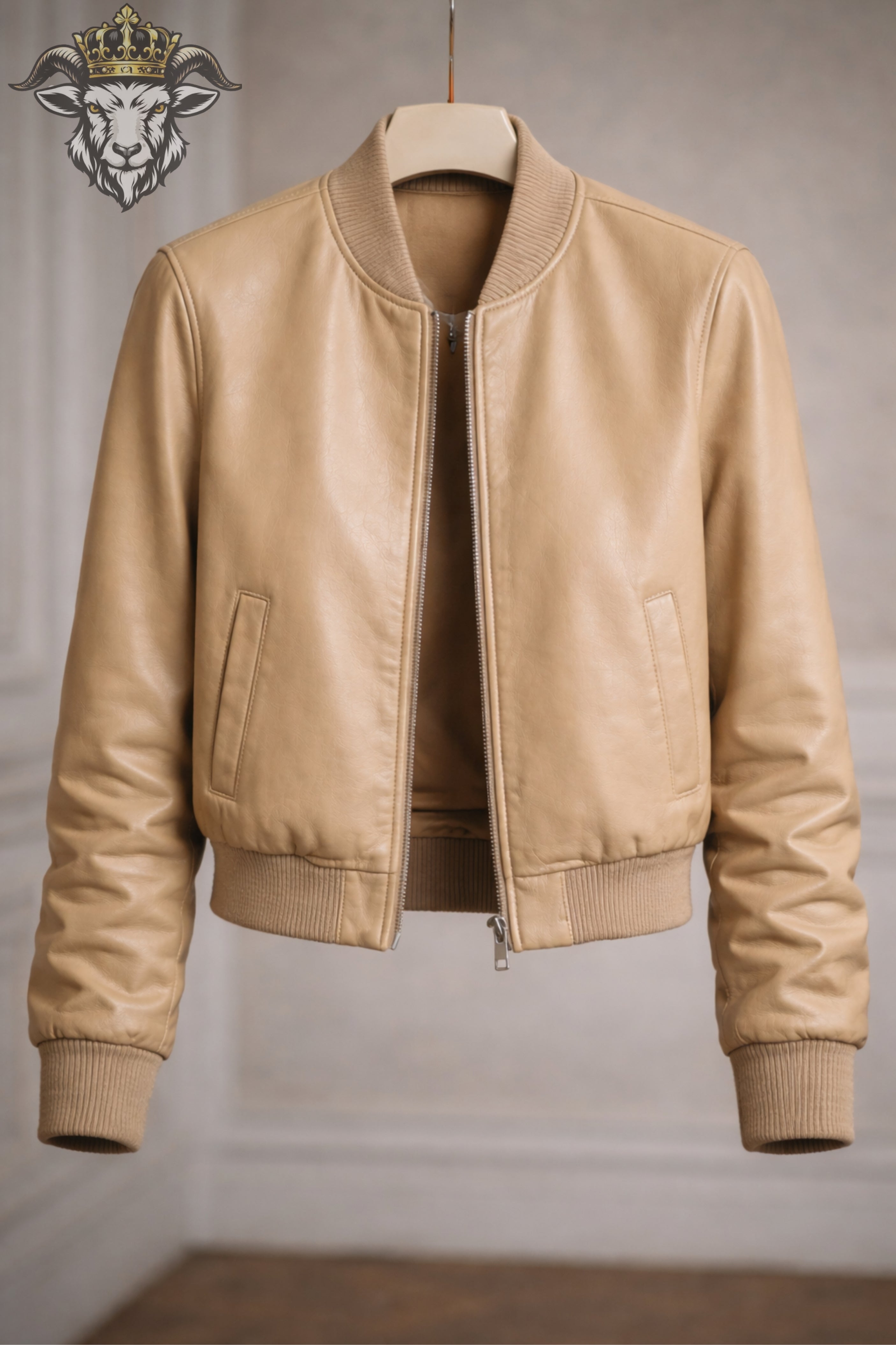 Women’s Beige Real Leather Bomber Jacket