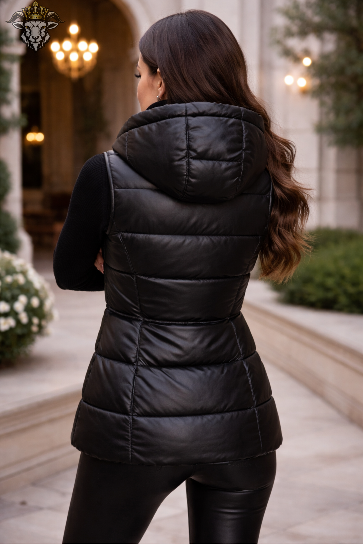Women’s Black Leather-Look Hooded Puffer Vest, Quilted Sleeveless Winter Jacket, Longline Insulated Gilet, Stylish Casual Outerwear