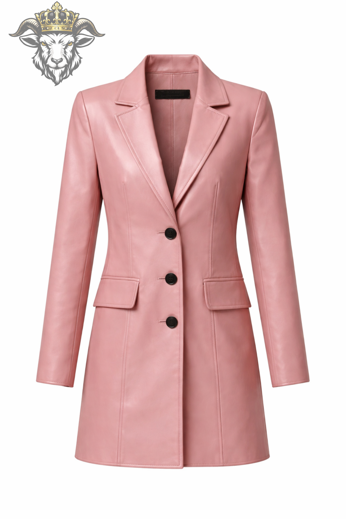 Pink Leather Look Coat for Women, Tailored Mid Length Blazer Coat, Chic Button Front Jacket, Elegant Feminine Street Style Outerwear