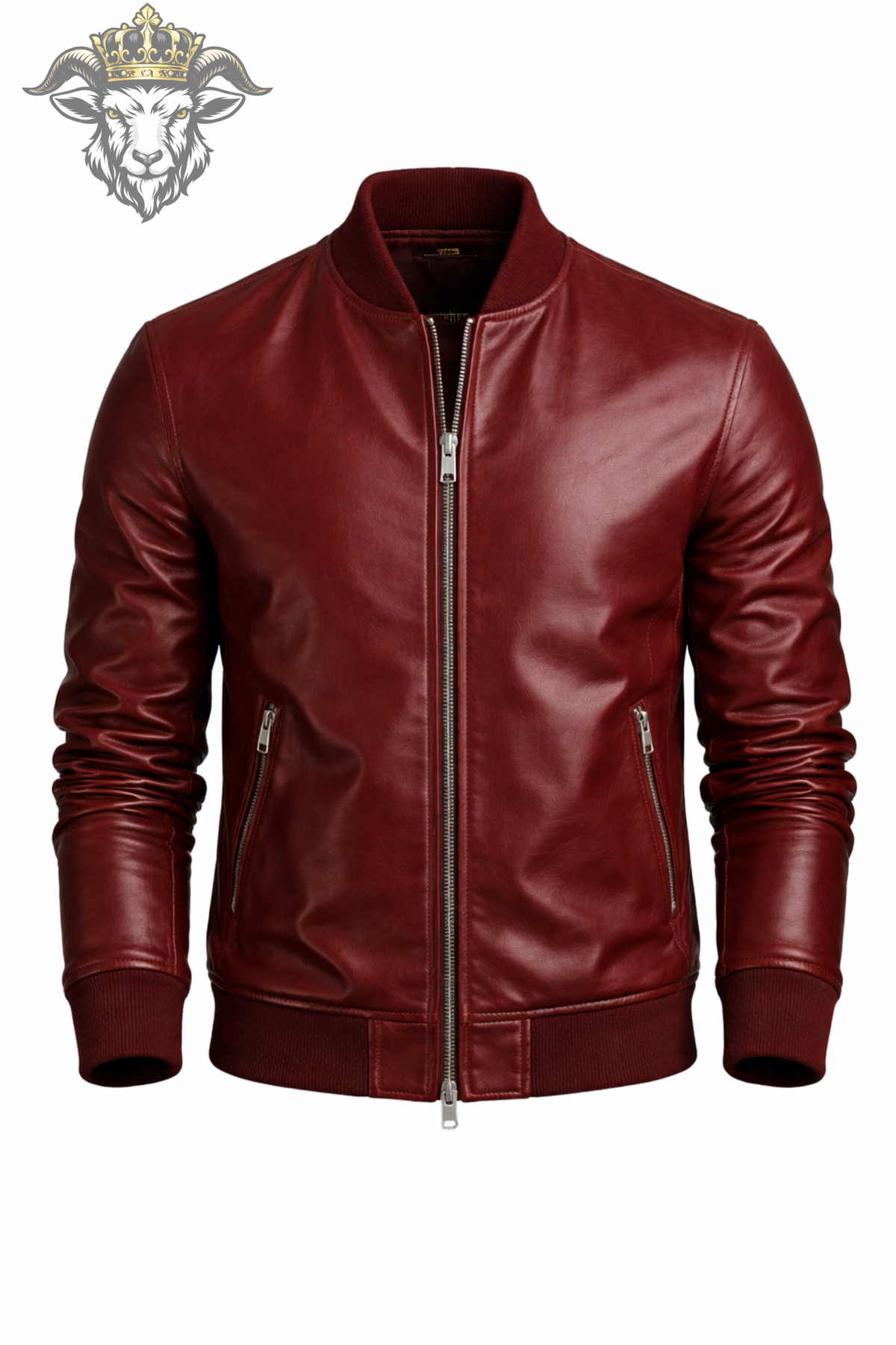 Men's Burgundy Red Leather Bomber Jacket, Ribbed Collar Zip-Up Jacket, Modern Classic Outerwear