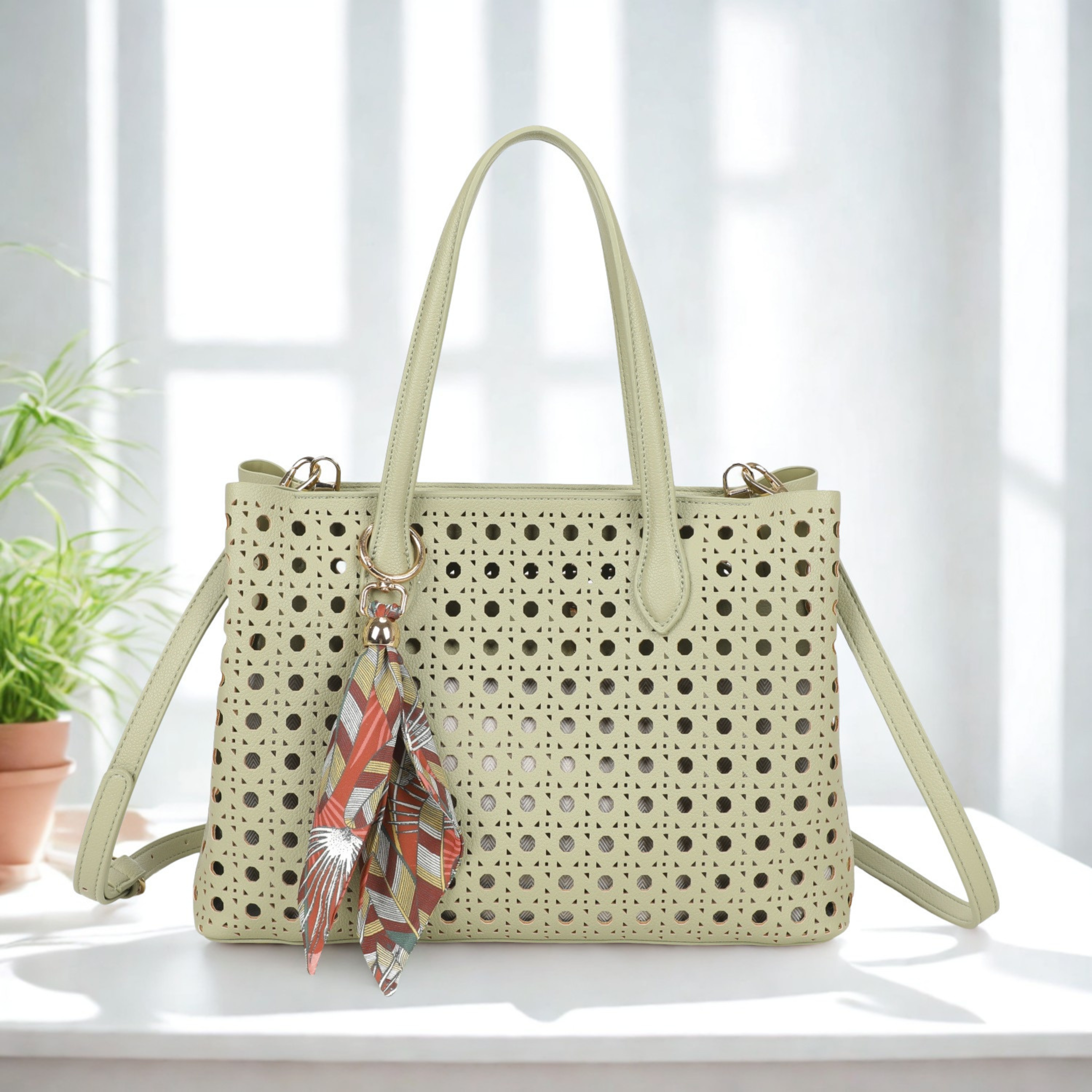 Women’s Laser Cut Tote Bag with Detachable Strap & Scarf Charm