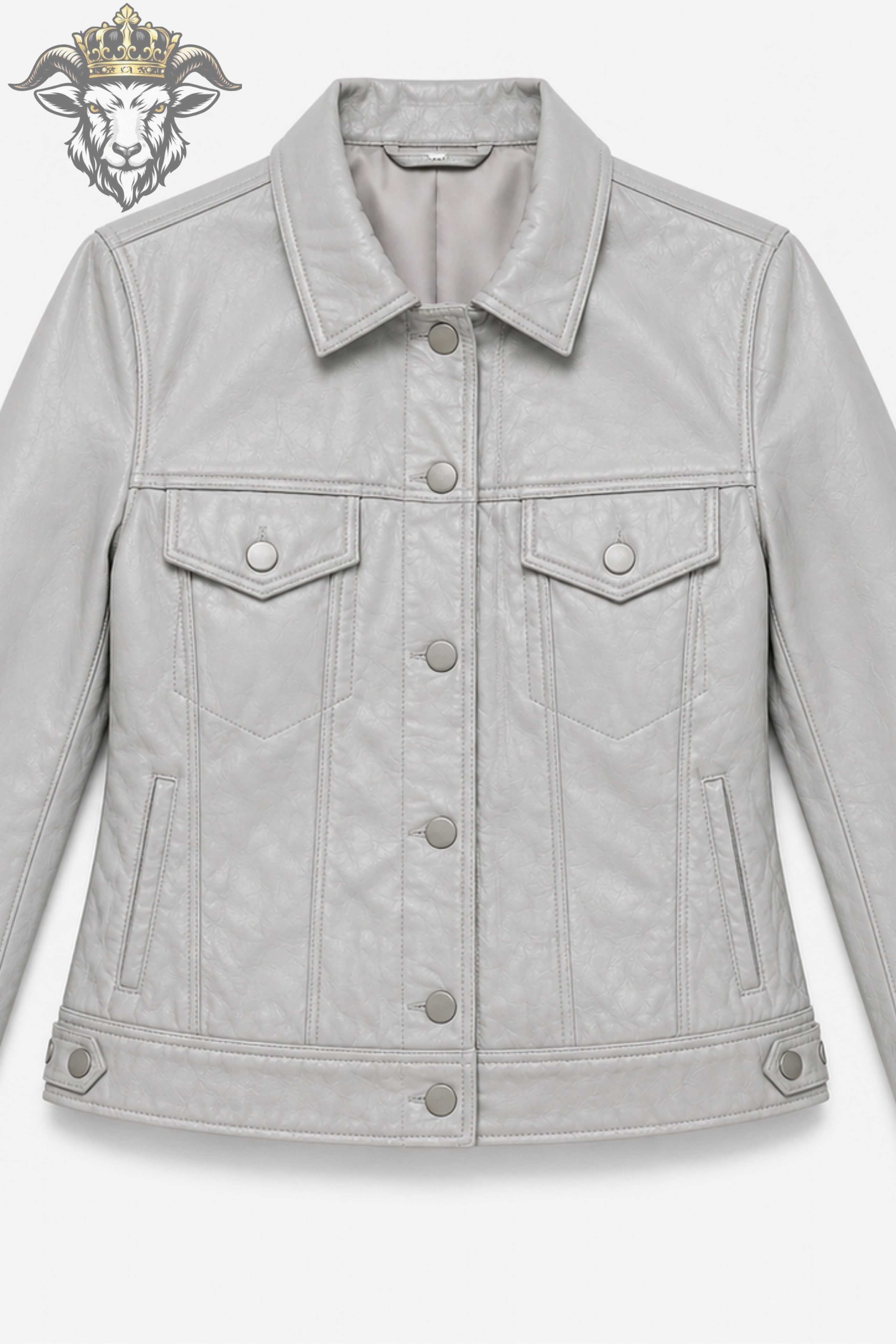 Women’s Light Grey Real Leather Trucker Jacket