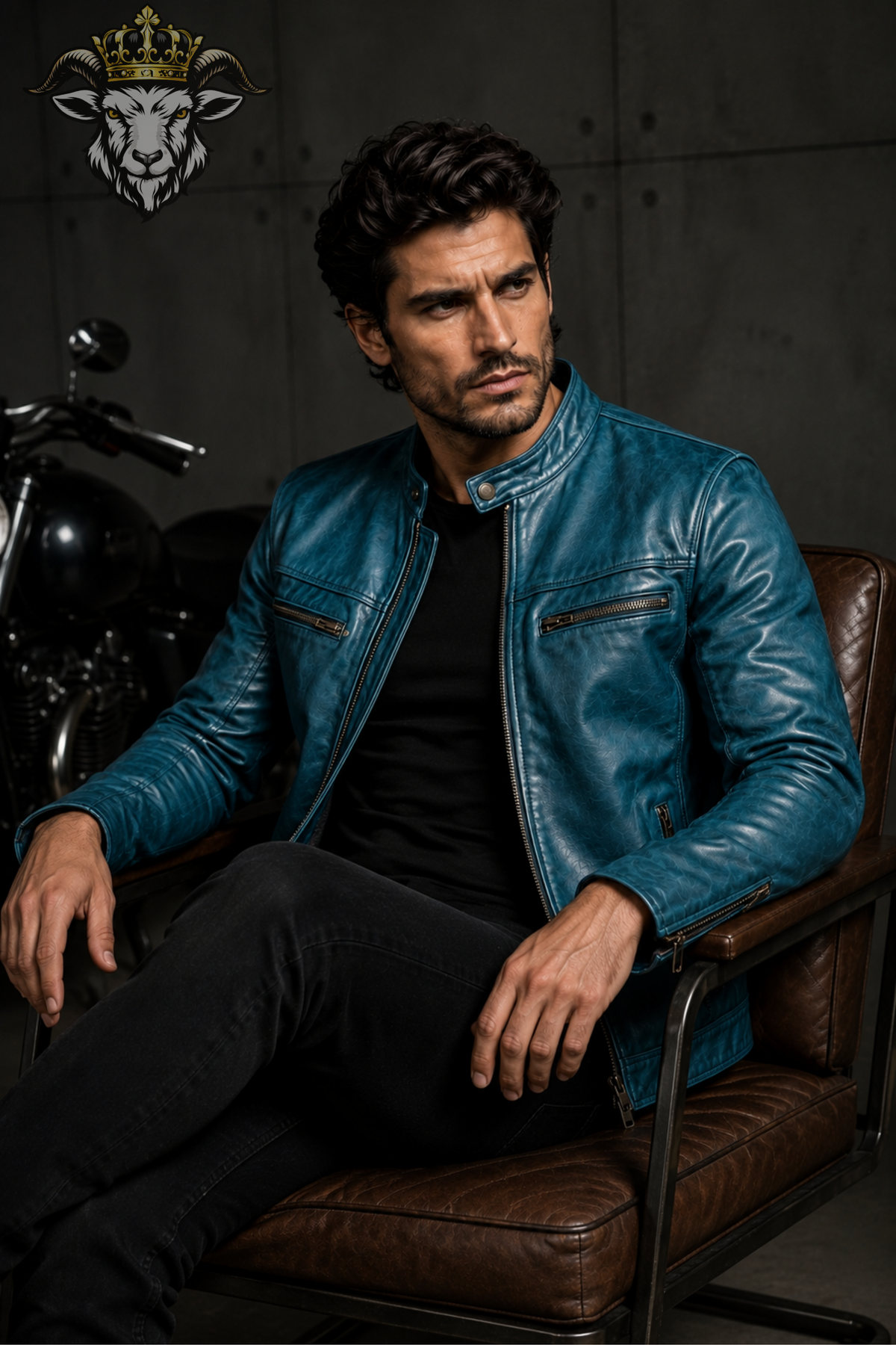 Men's Cyan Real Leather Biker Jacket – Slim Fit Motorcycle Jacket, Stand Collar Moto Jacket, Blue Leather Jacket for Men