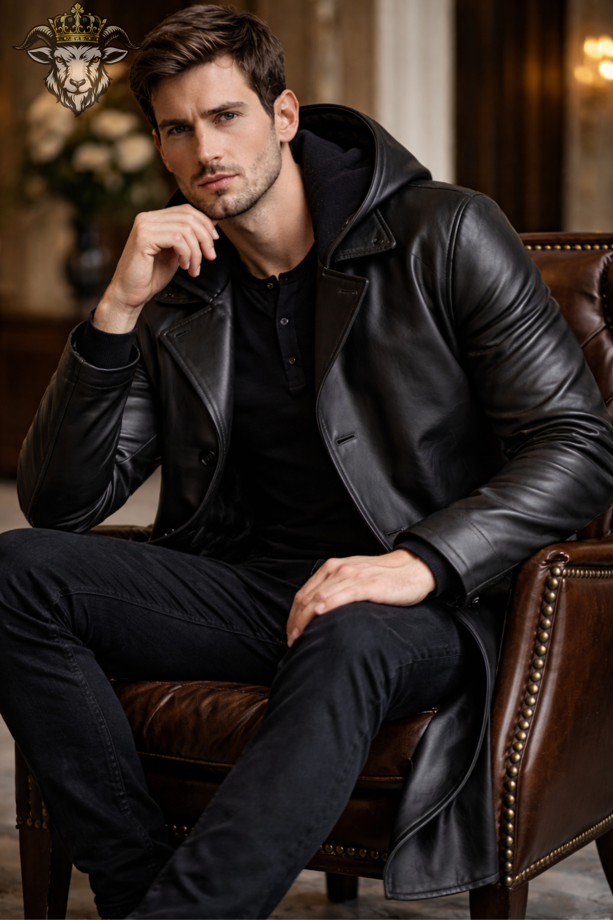 Men's Black Real Leather Hooded Long Coat, Below Knee Leather Trench Coat, Button Closure Winter Overcoat, Gothic Luxury Mens Outerwear