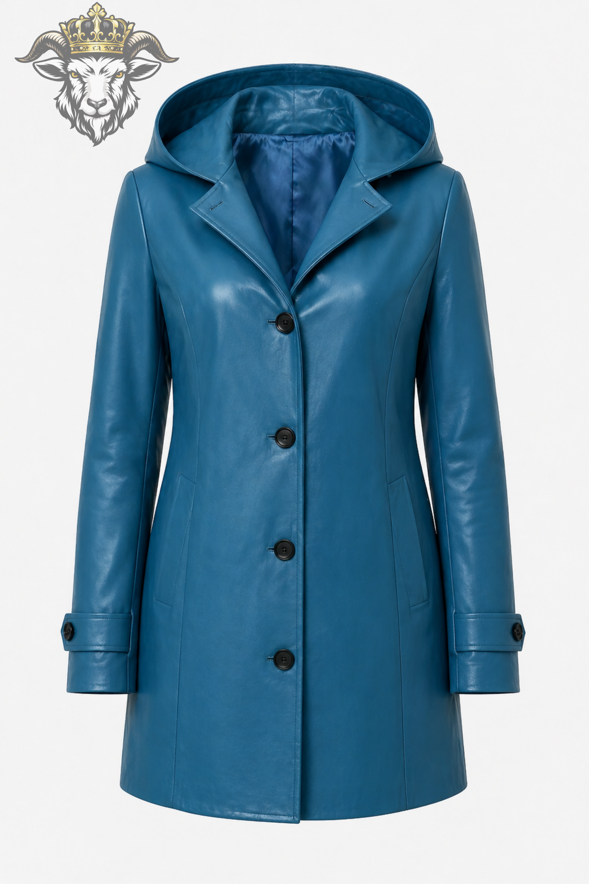 Women's Teal Leather Hooded Trench Coat – Mid-Thigh Long Coat, Stylish Women's Outerwear, Button Front Hooded Coat, Modern Fall Jacket