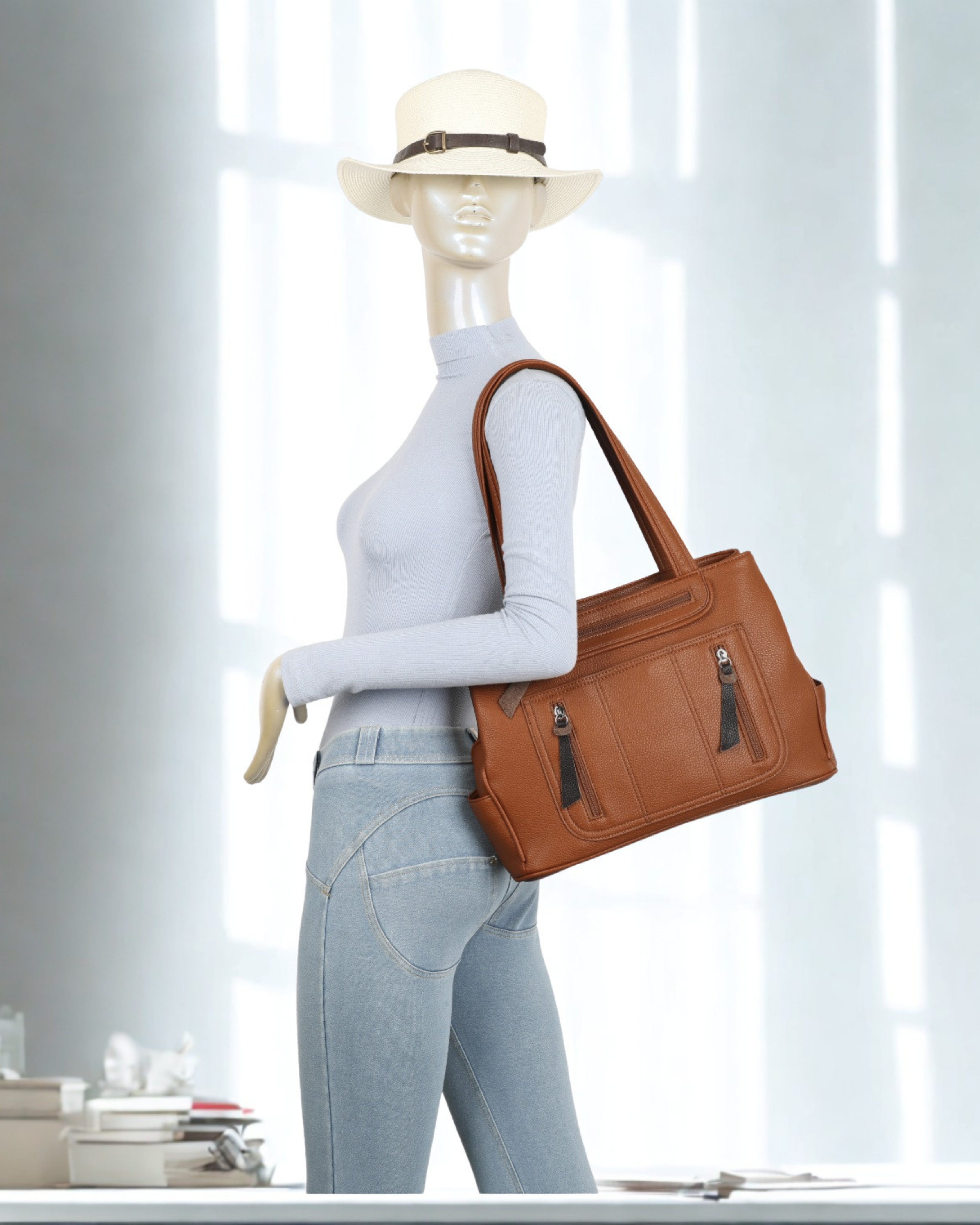 Women’s Multi Pocket Tote Shoulder Bag – Top Zip Closure, Double Compartment Handbag