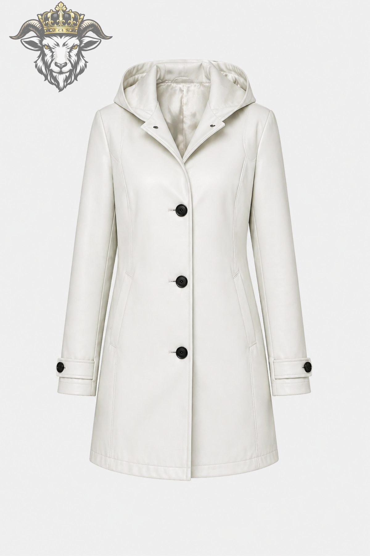 Women’s White Faux Leather Hooded Trench Coat – Tailored Long Jacket with Black Buttons, Stylish Winter Outerwear
