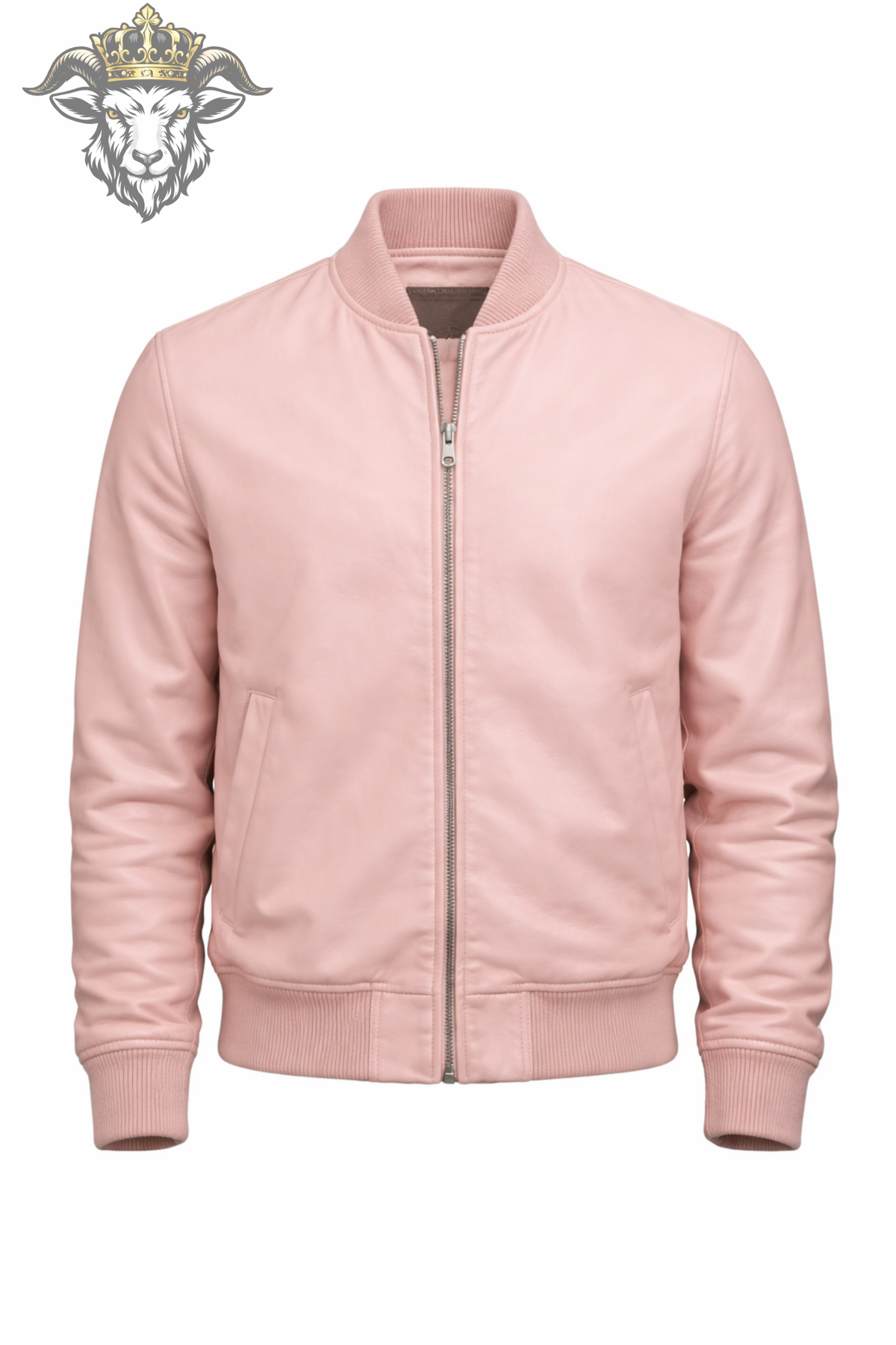 Men's Pink Leather Bomber Jacket, Soft Leather Zip Jacket, Ribbed Collar Casual Streetwear Jacket, Modern Pastel Outerwear for Men