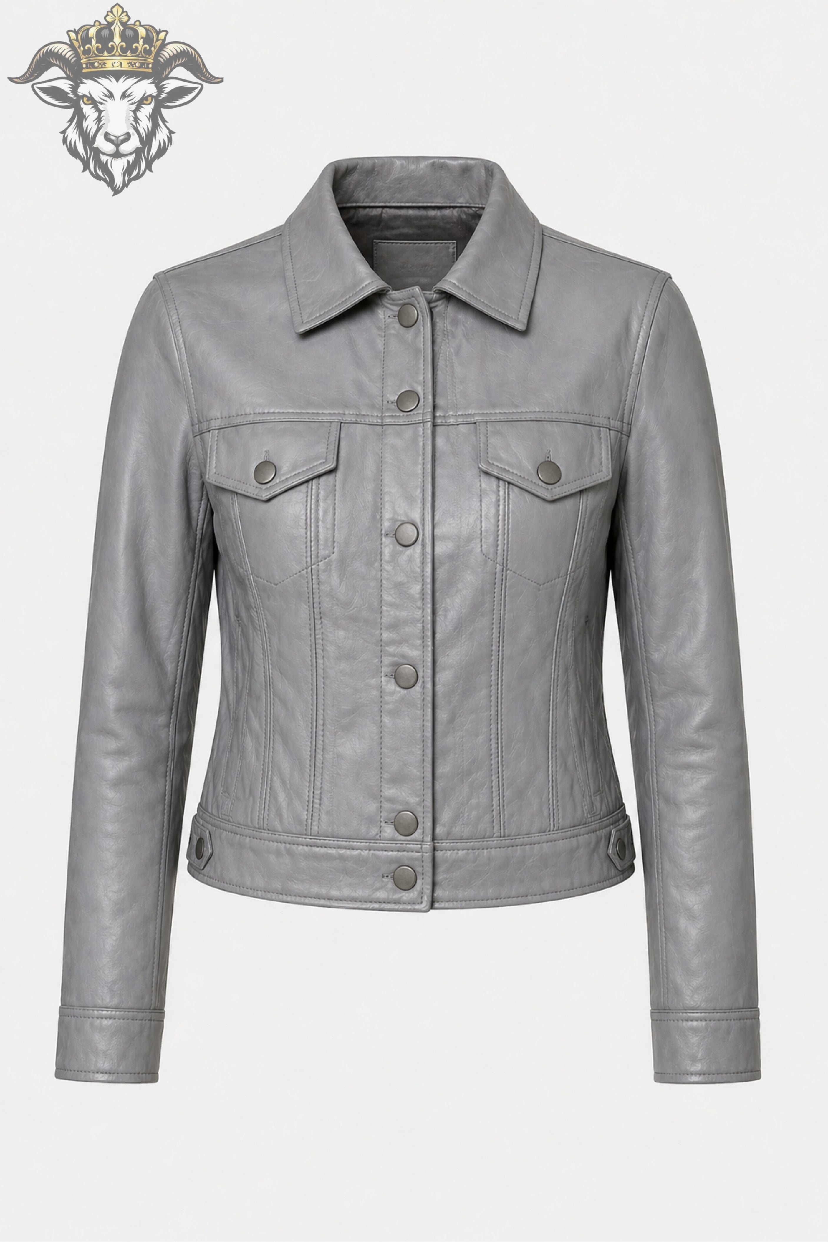 Women’s Grey Real Leather Trucker Jacket