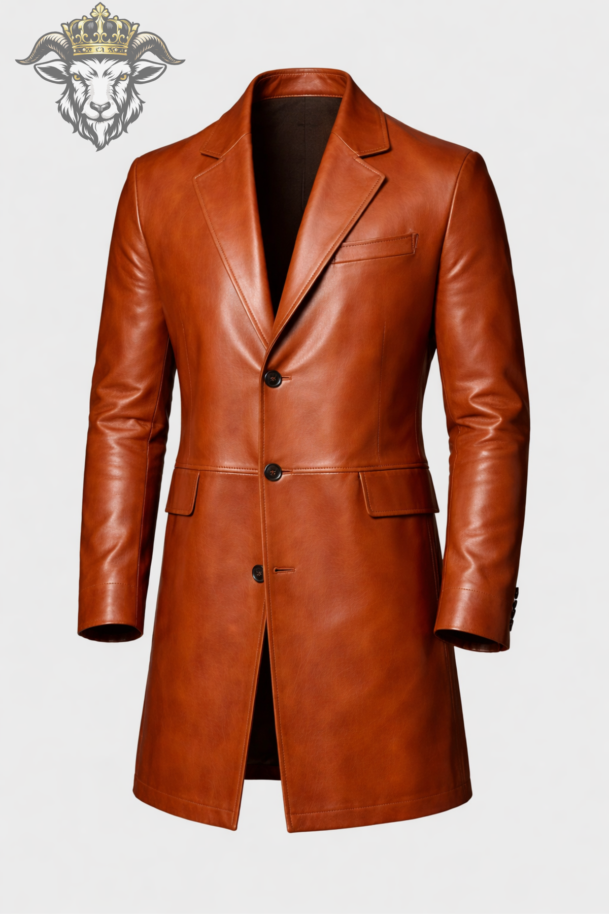 Men's Burnt Orange Leather Overcoat, Slim Fit Long Coat, Classic Notch Lapel Jacket, Three Button Front, Luxury Style Outerwear