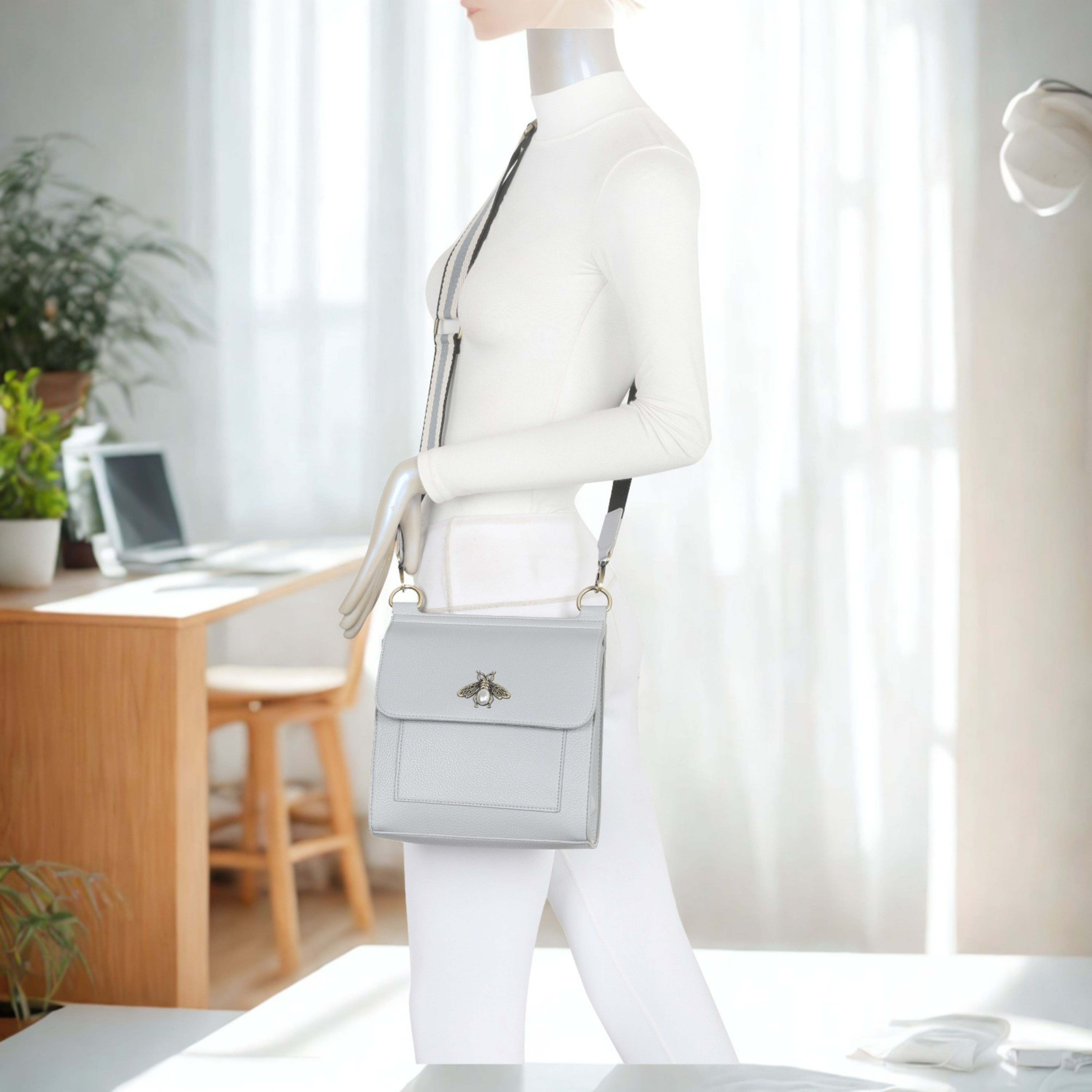 Women’s Bee Crossbody Bag with Pearl Detail, Flap Magdot Closure & Detachable Strap