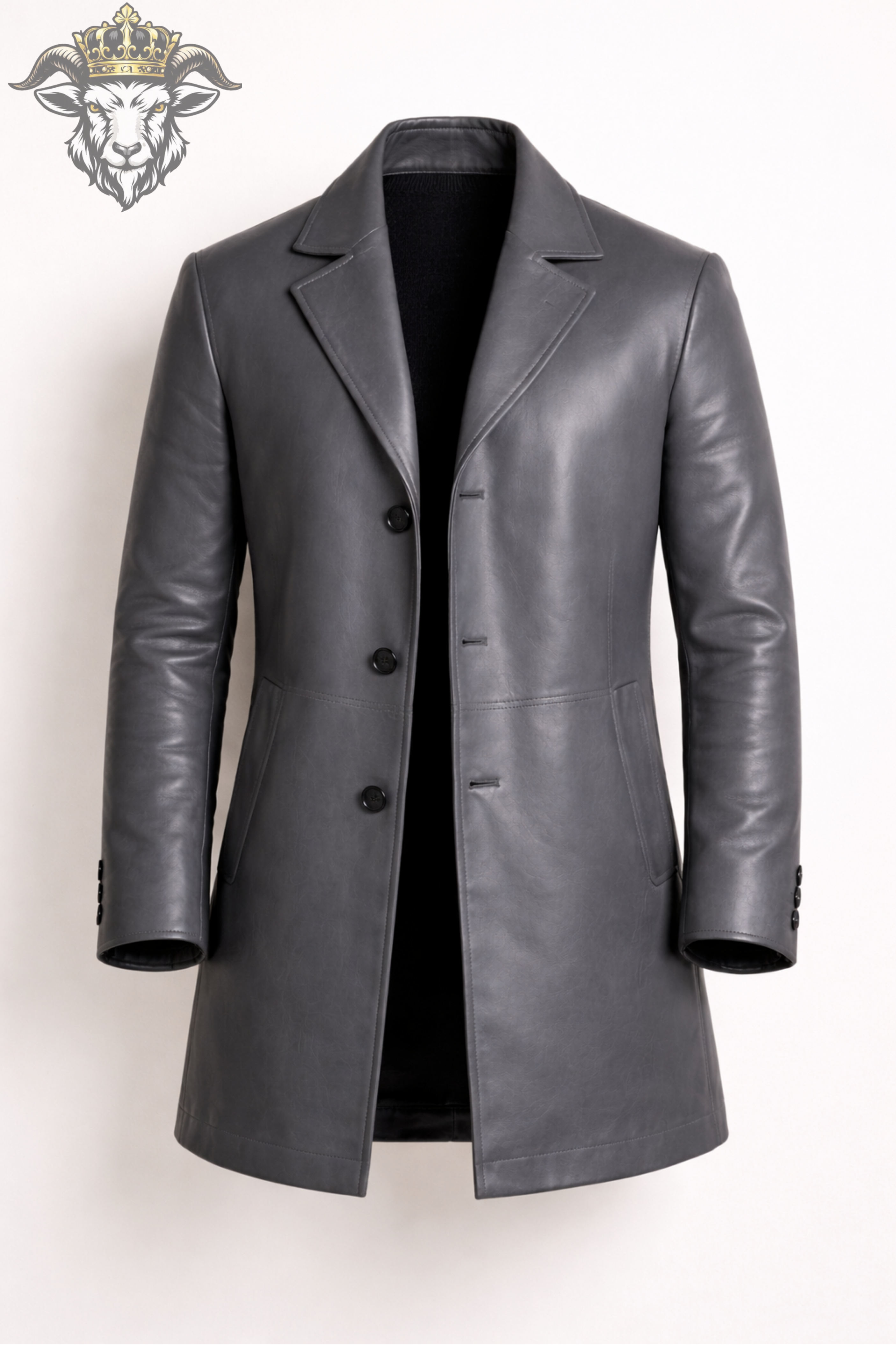 Men’s Grey Real Leather Coat – Mid-Thigh Premium Tailored Leather Overcoat for Men | Classic Modern Fit Jacket