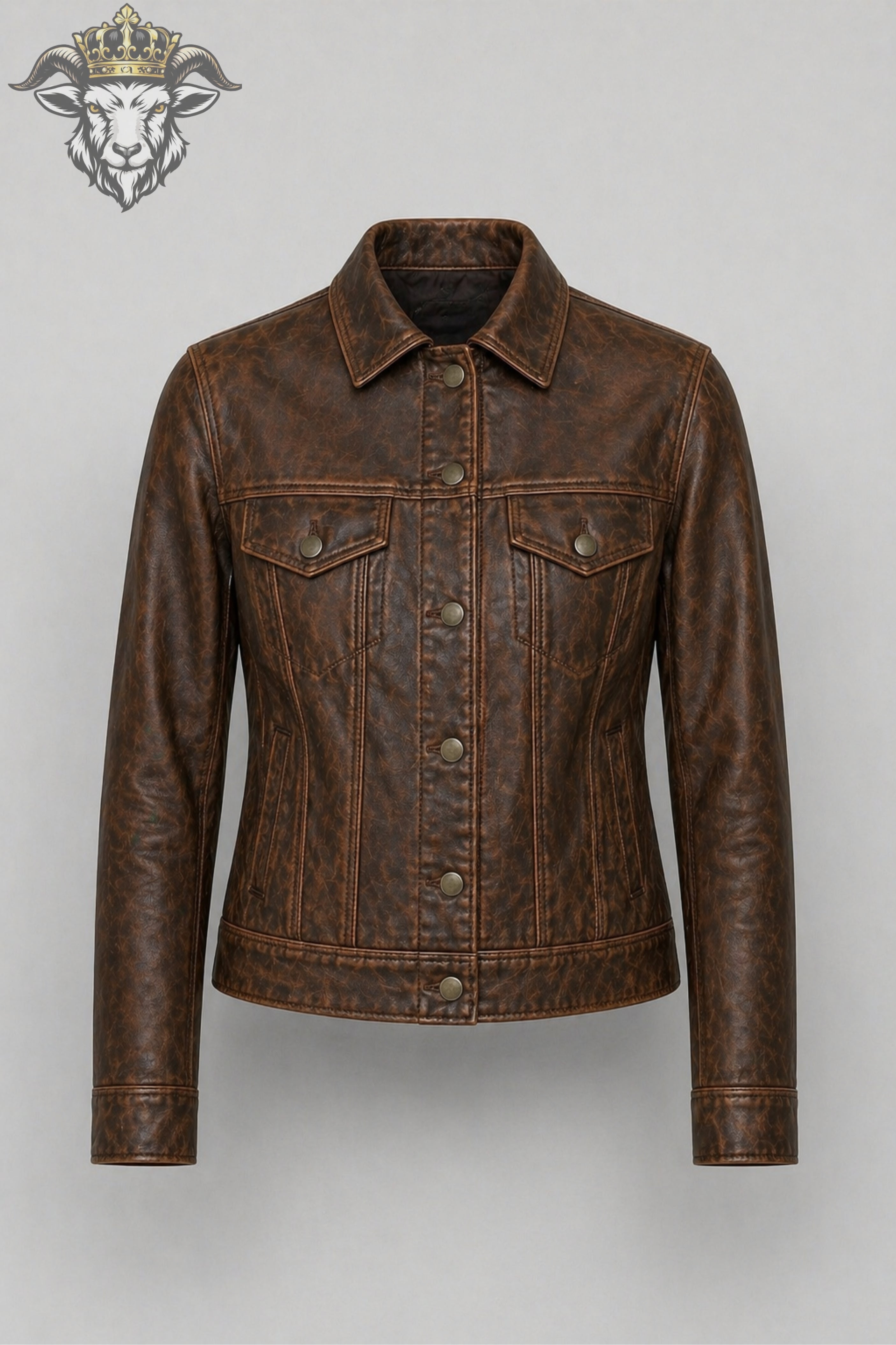 Women’s Distress Brown Real Leather Trucker Jacket