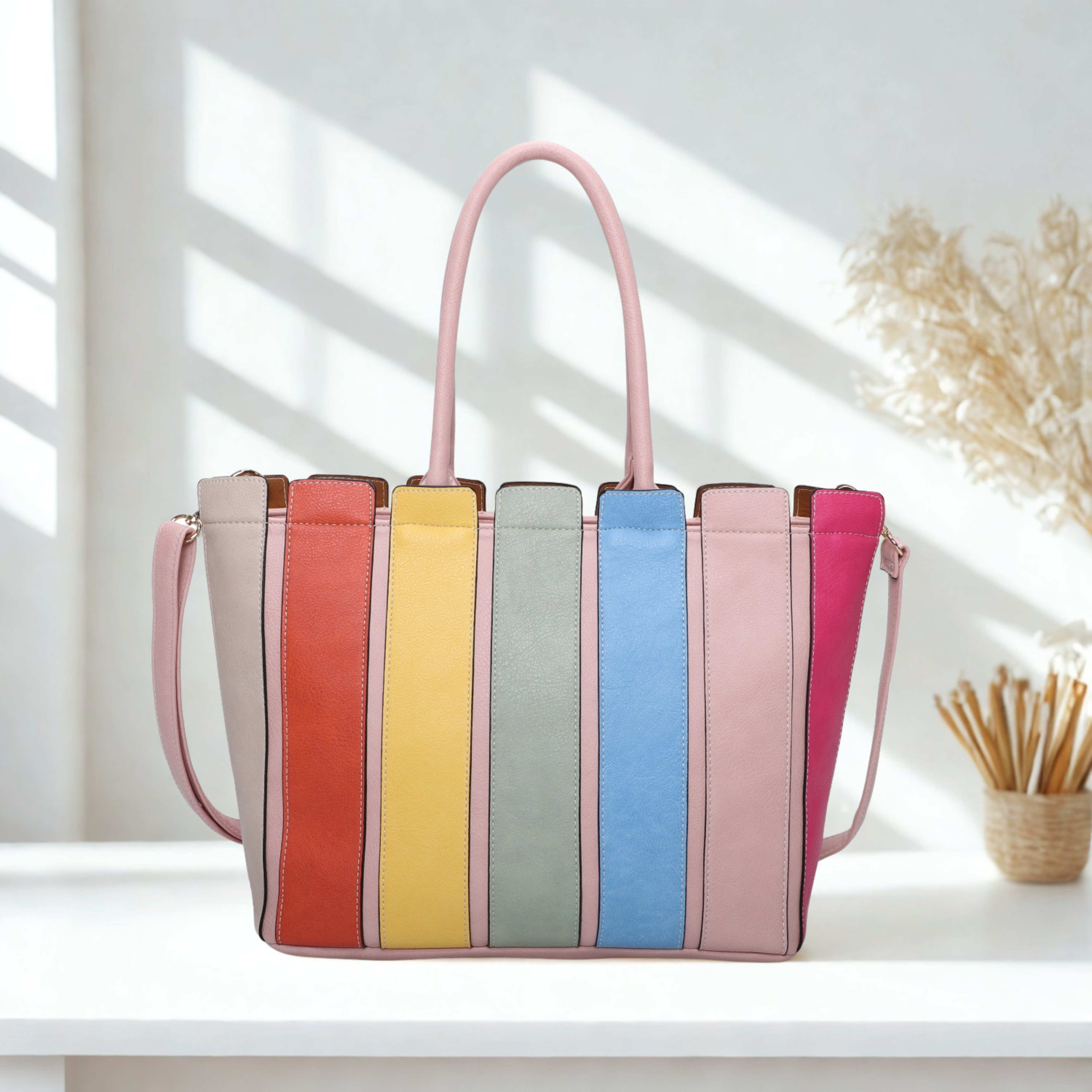 Women’s Large Striped Tote Bag Zip Top Shoulder Crossbody Handbag