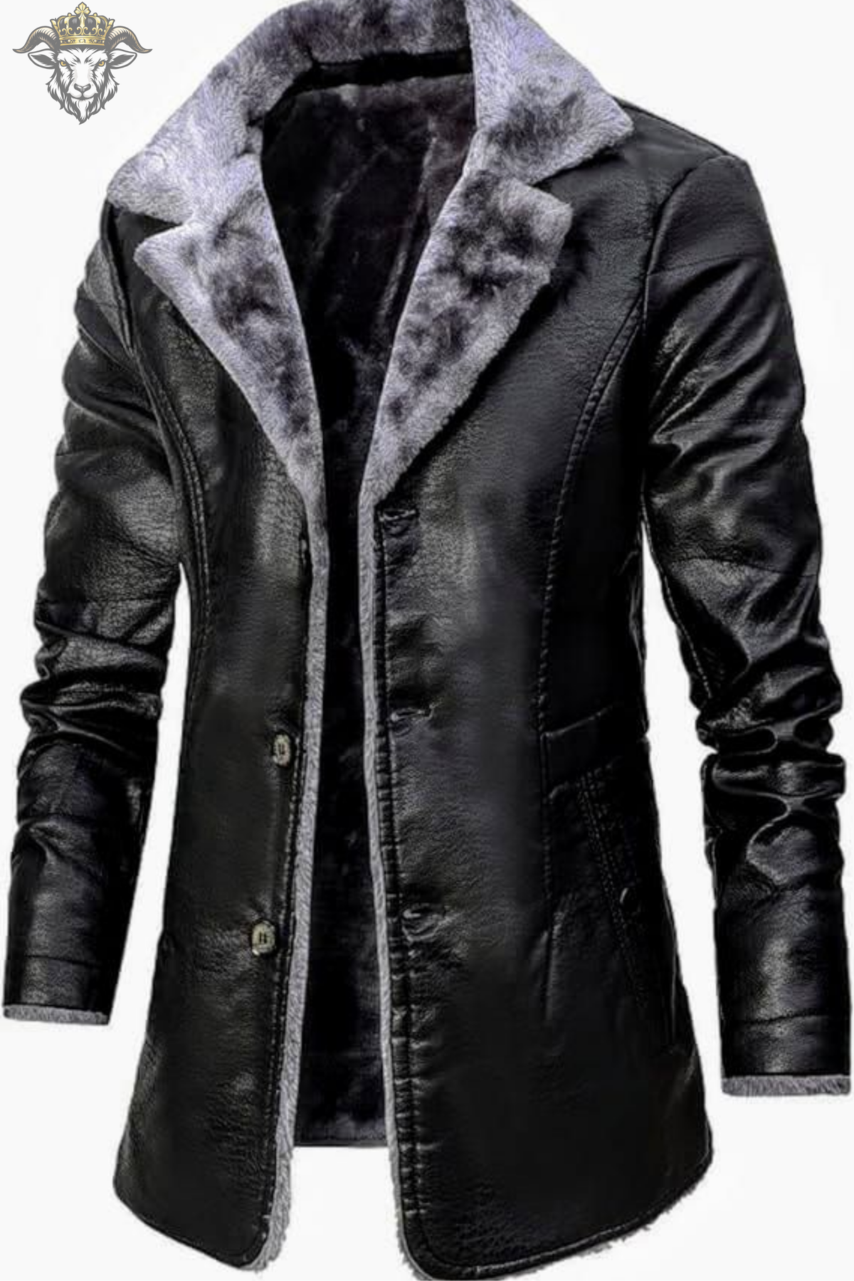 Men’s Black Shearling Leather Coat, Grey Fur Collar Winter Overcoat, Long Leather Jacket, Luxury Biker Trench Coat, Classic Mens Outerwear