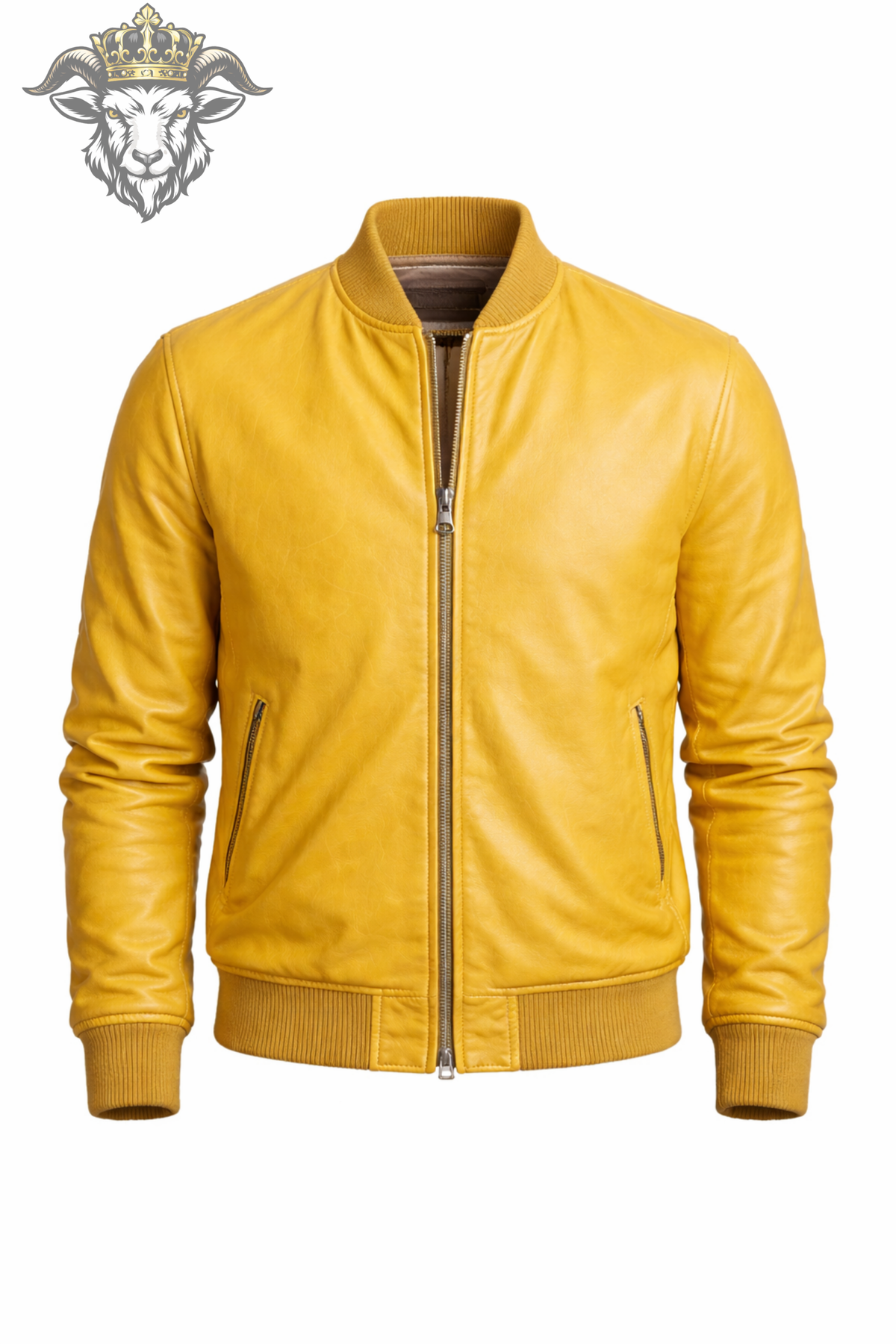 Men's Yellow Real Leather Bomber Jacket, Mustard Moto Jacket, Ribbed Collar Zip Jacket, Bold Vintage Streetwear Coat