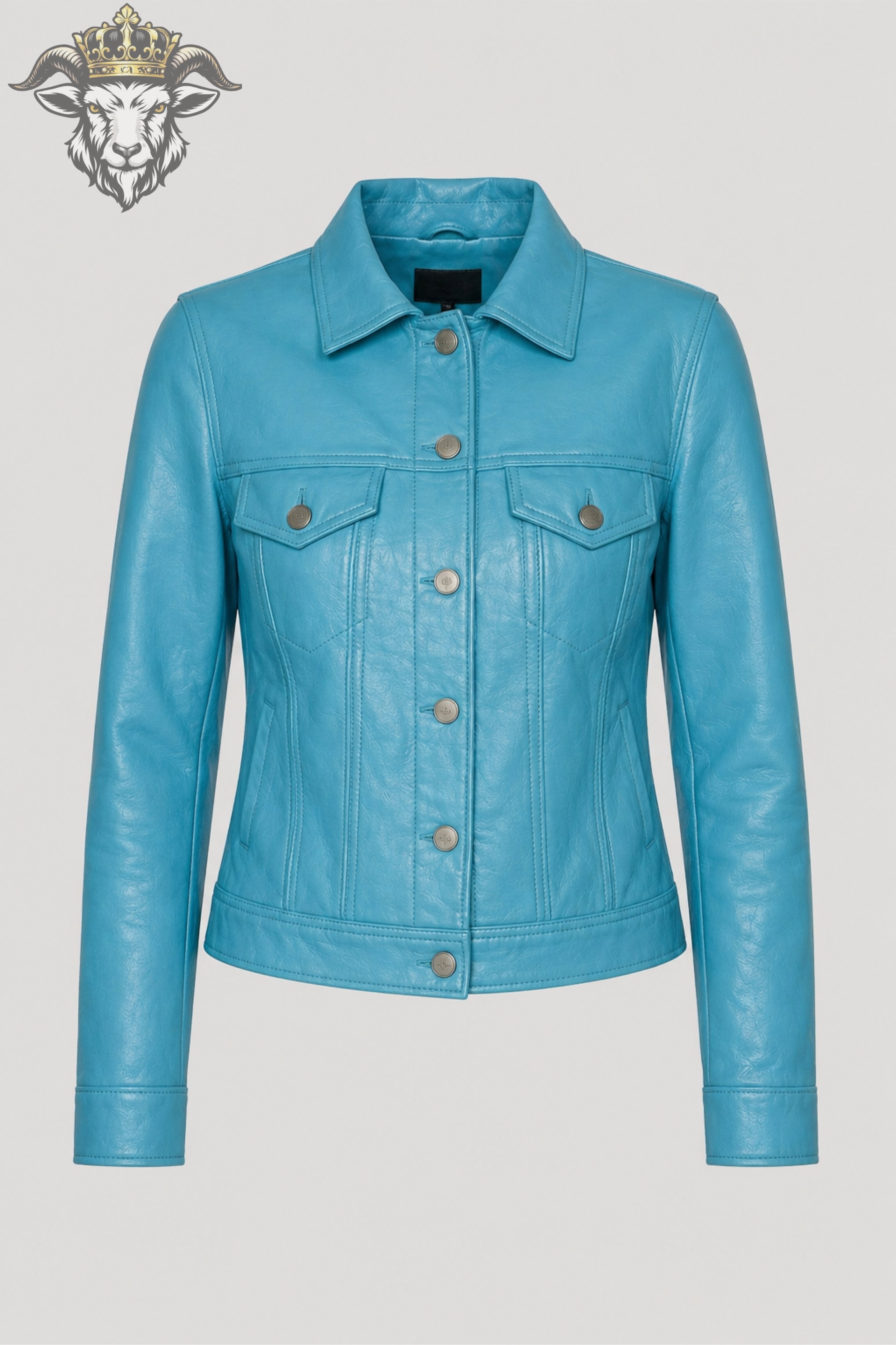 Women’s Cyan Real Leather Trucker Jacket