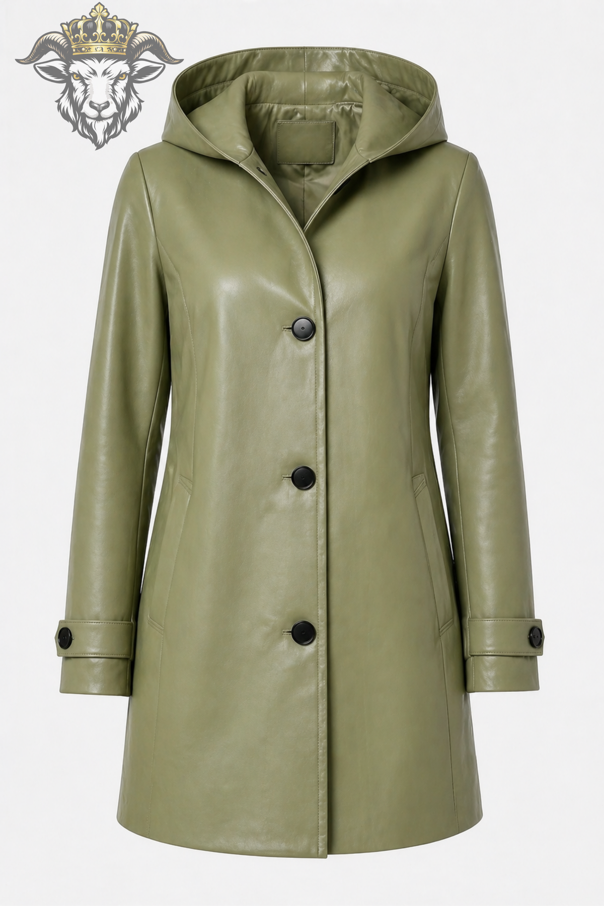 Sage Green Hooded Leather Coat for Women, Tailored Long Jacket, Matte Leather Outerwear, Button Front Coat, Minimalist Fall Fashion
