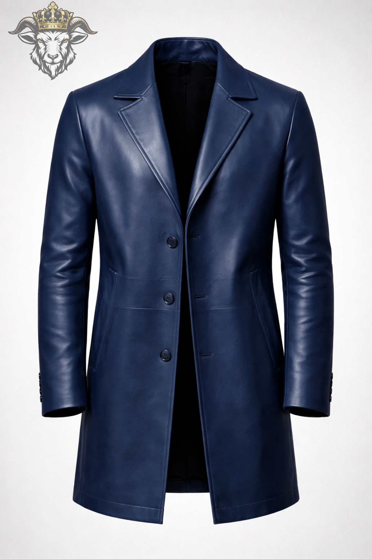 Men's Navy Blue Leather Overcoat, Long Slim Fit Coat, Classic Notch Lapel Jacket, Three Button Front, Refined Men's Outerwear