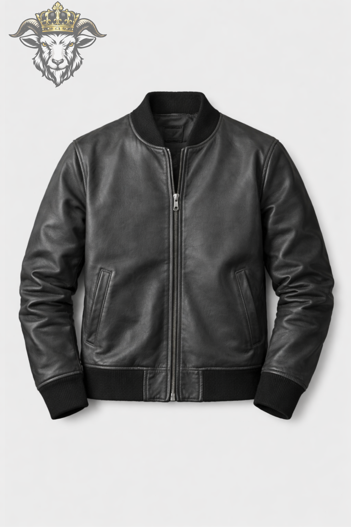 Men's Dark Gray Bomber Jacket, Ribbed Collar Leather Outerwear, Minimalist Zip Up Jacket, Modern Urban Casual Style