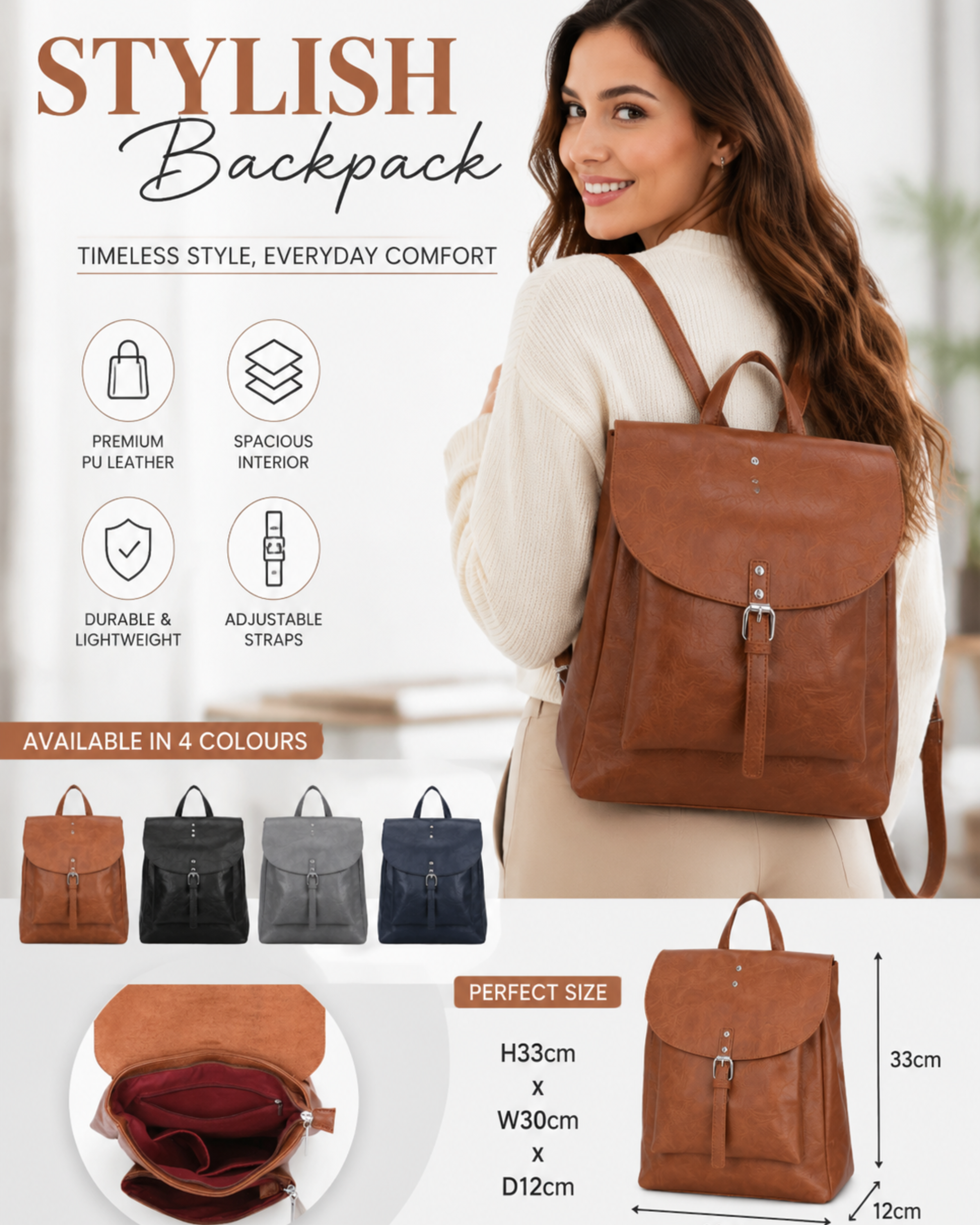 Women Synthetic Leather Look Backpack Flap Over Top Zip Magdot Buckle Bag 33cm