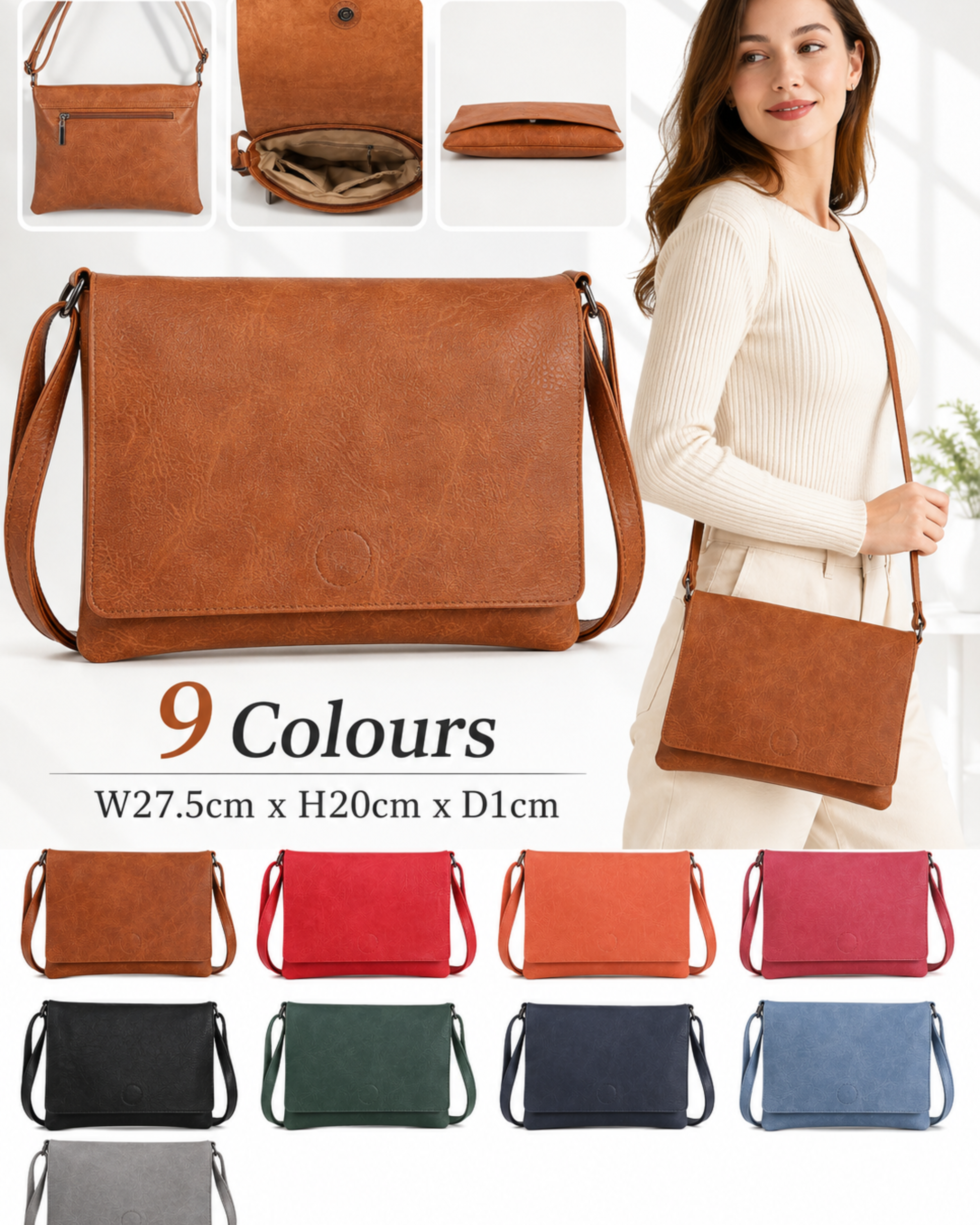 Ladies Synthetic Crossbody Bag Flap Shoulder Handbag Zip Pockets 9 Colours