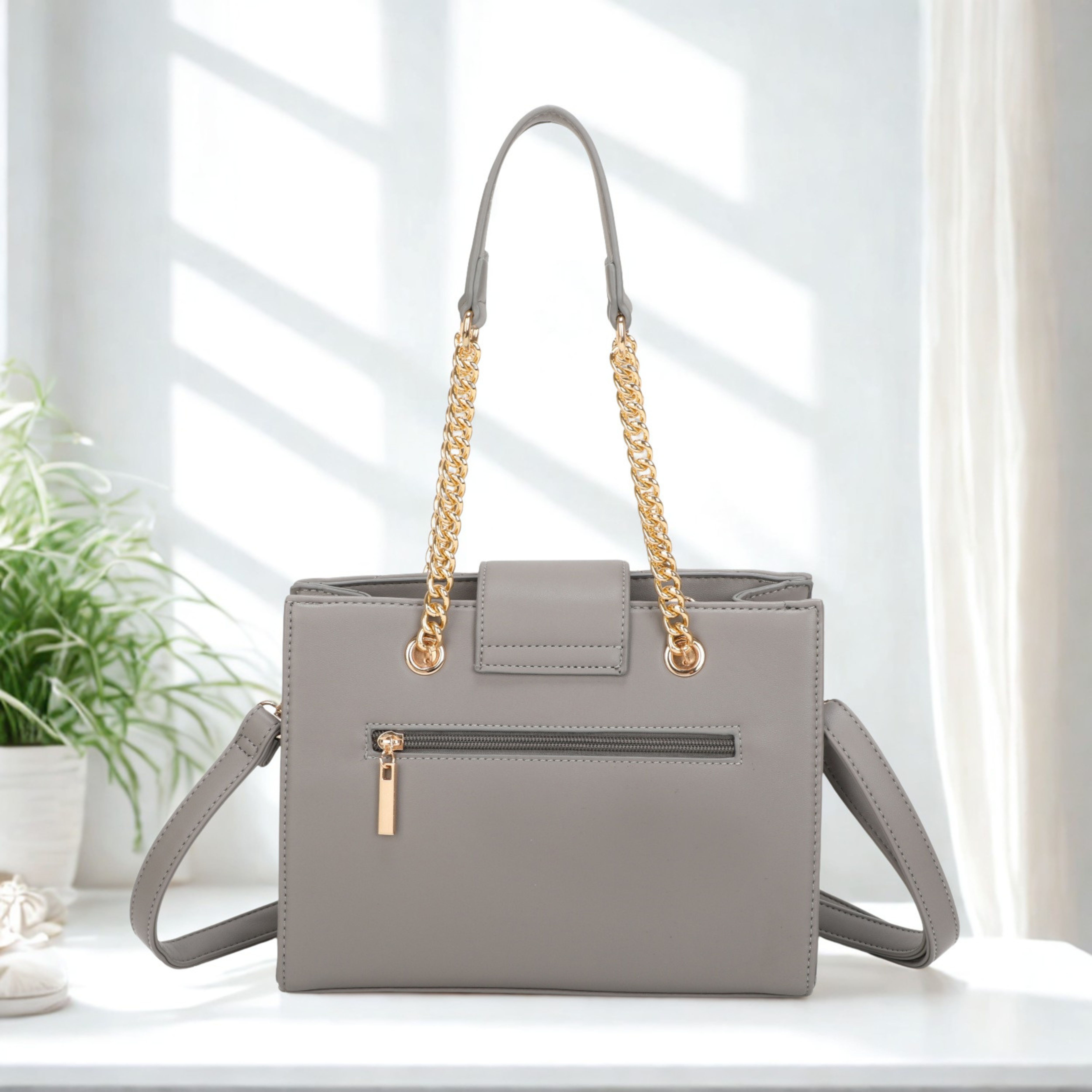 Women’s Quilted Shoulder Bag with Gold Chain Handles, Detachable Crossbody Strap