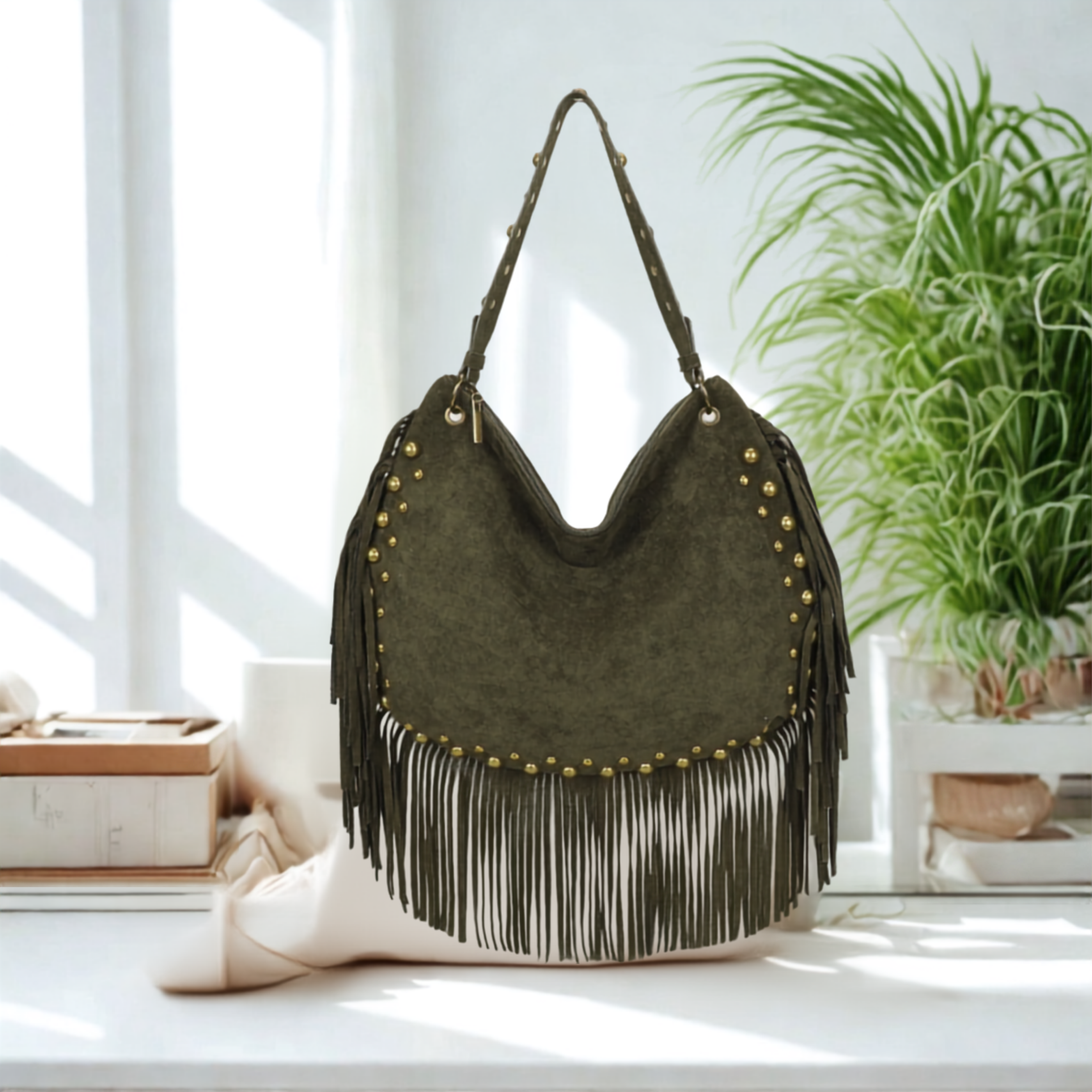 Women’s Suede Effect Studded Tassel Hobo Shoulder Bag – Boho Fringe Handbag with Top Zip Closuret